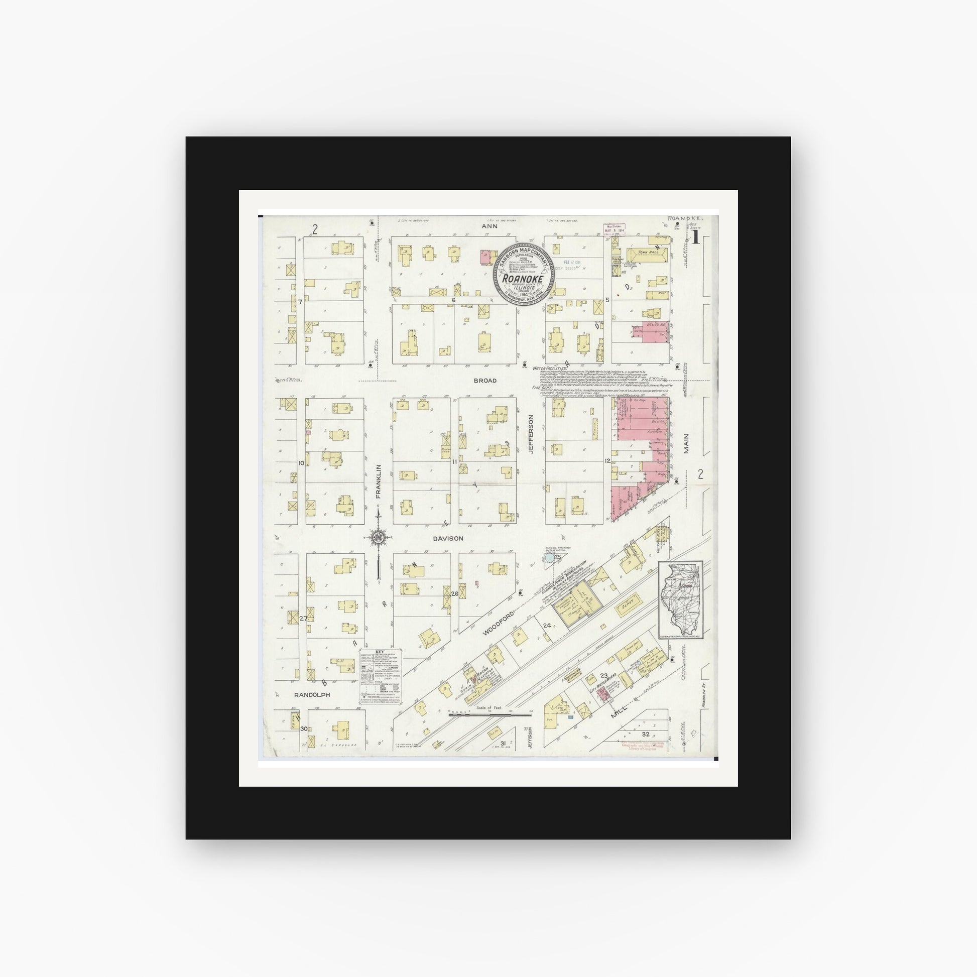 Old map wall art mockup — black gallery frame with white mat — Sanborn Fire Insurance Map from Roanoke, Woodford County, Illinois (1914), Sheet #0001