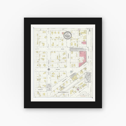 Old map wall art mockup — black gallery frame with white mat — Sanborn Fire Insurance Map from Roanoke, Woodford County, Illinois (1914), Sheet #0001