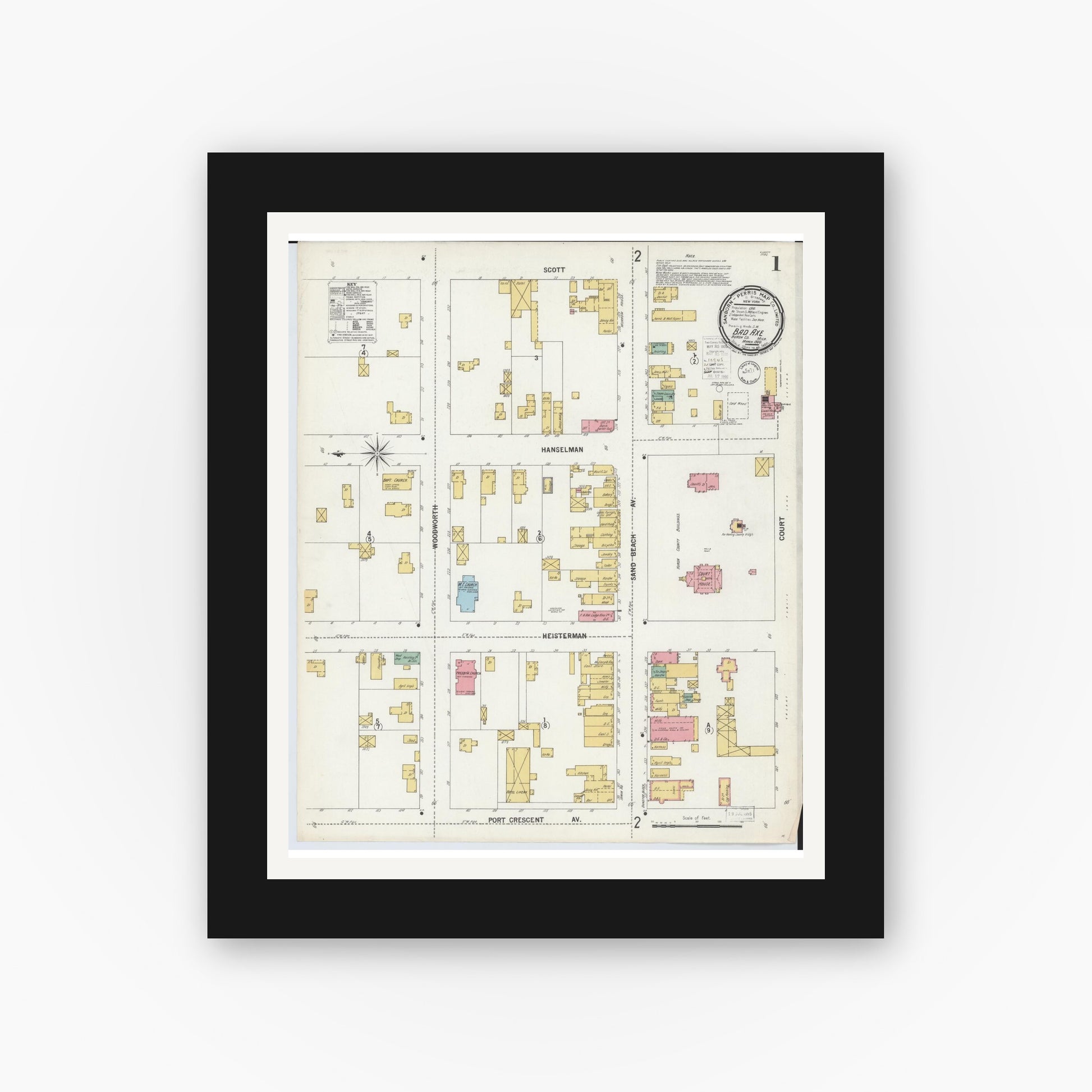 Old map wall art mockup — black gallery frame with white mat — Sanborn Fire Insurance Map from Bad Axe, Huron County, Michigan (1900) - Complete Map Set