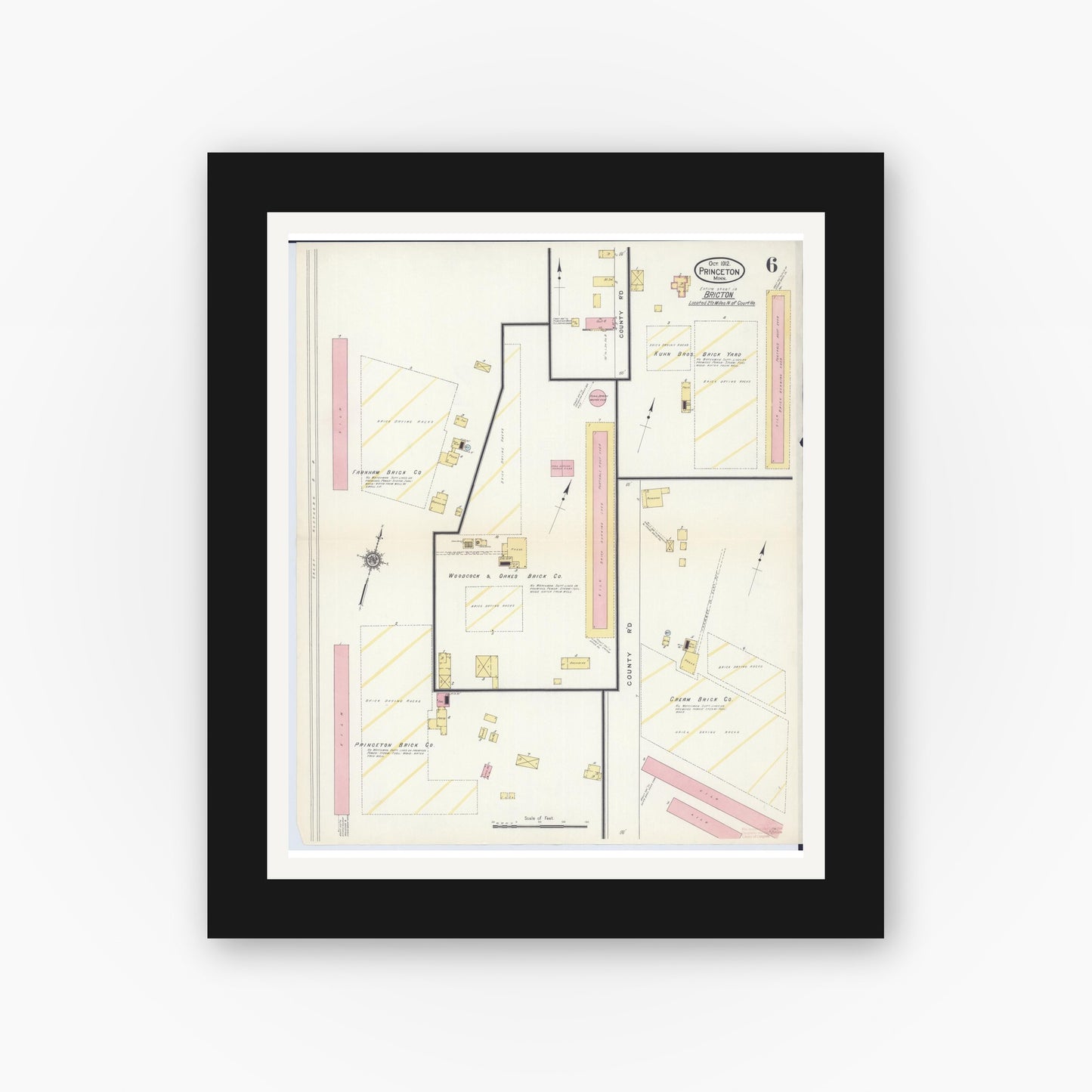Old map wall art mockup — black gallery frame with white mat — Sanborn Fire Insurance Map from Princeton, Mille Lacs County, Minnesota (1912), Sheet #0006