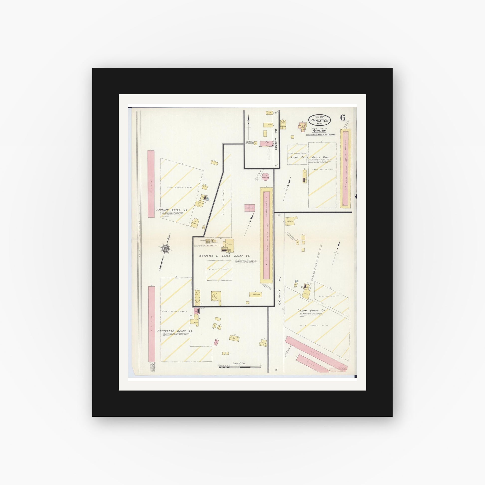 Old map wall art mockup — black gallery frame with white mat — Sanborn Fire Insurance Map from Princeton, Mille Lacs County, Minnesota (1912), Sheet #0006
