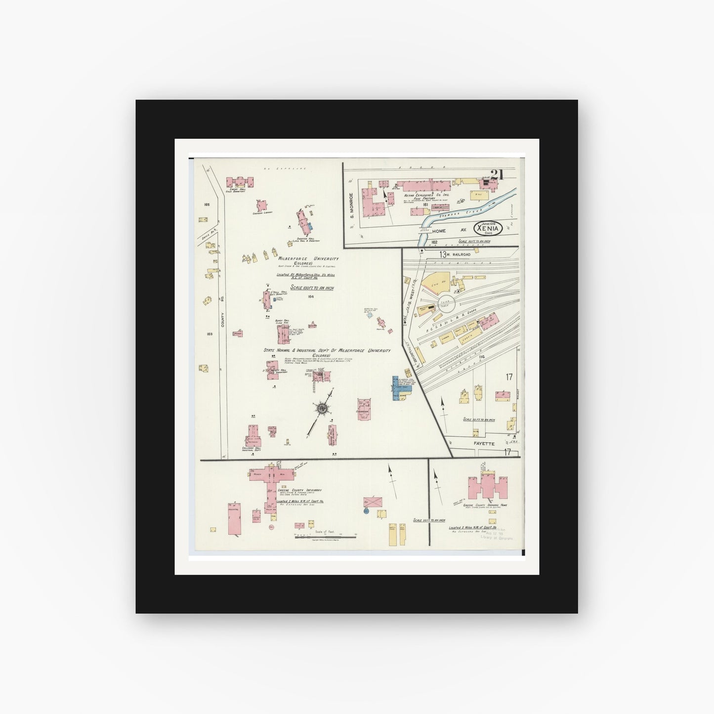 Old map wall art mockup — black gallery frame with white mat — Sanborn Fire Insurance Map from Xenia, Greene County, Ohio (1919), Sheet #0021