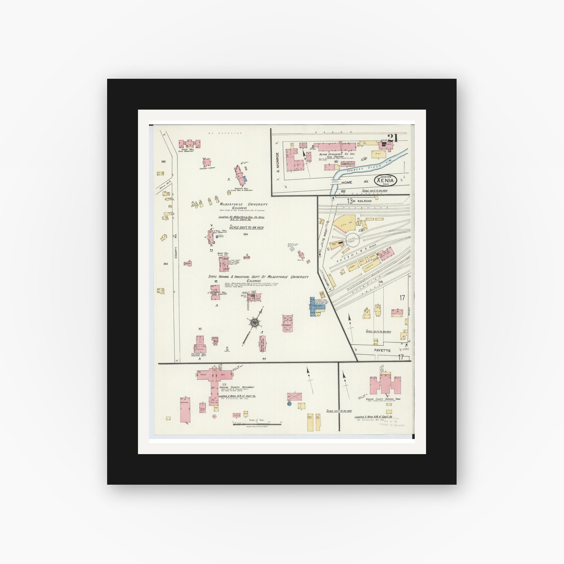 Old map wall art mockup — black gallery frame with white mat — Sanborn Fire Insurance Map from Xenia, Greene County, Ohio (1919), Sheet #0021