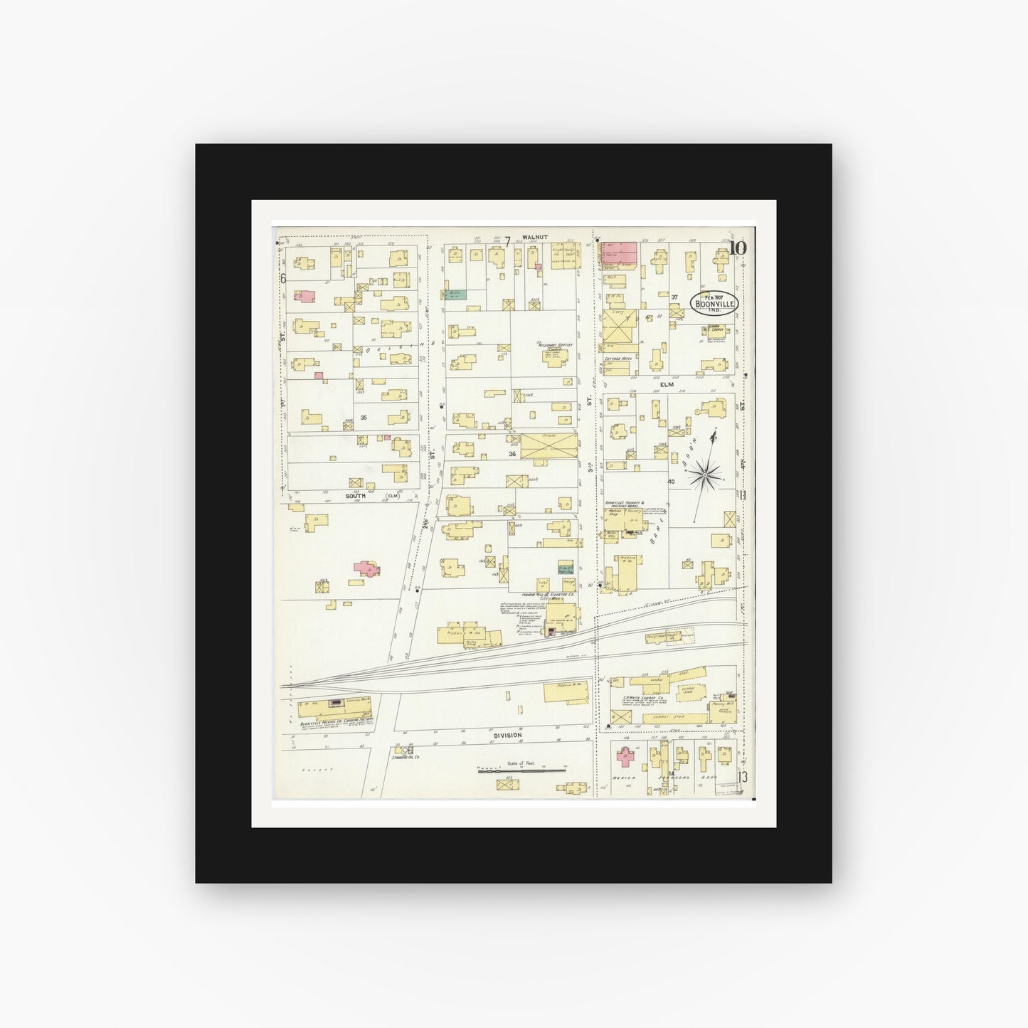 Old map wall art mockup — black gallery frame with white mat — Sanborn Fire Insurance Map from Boonville, Warrick County, Indiana (1907), Sheet #0010