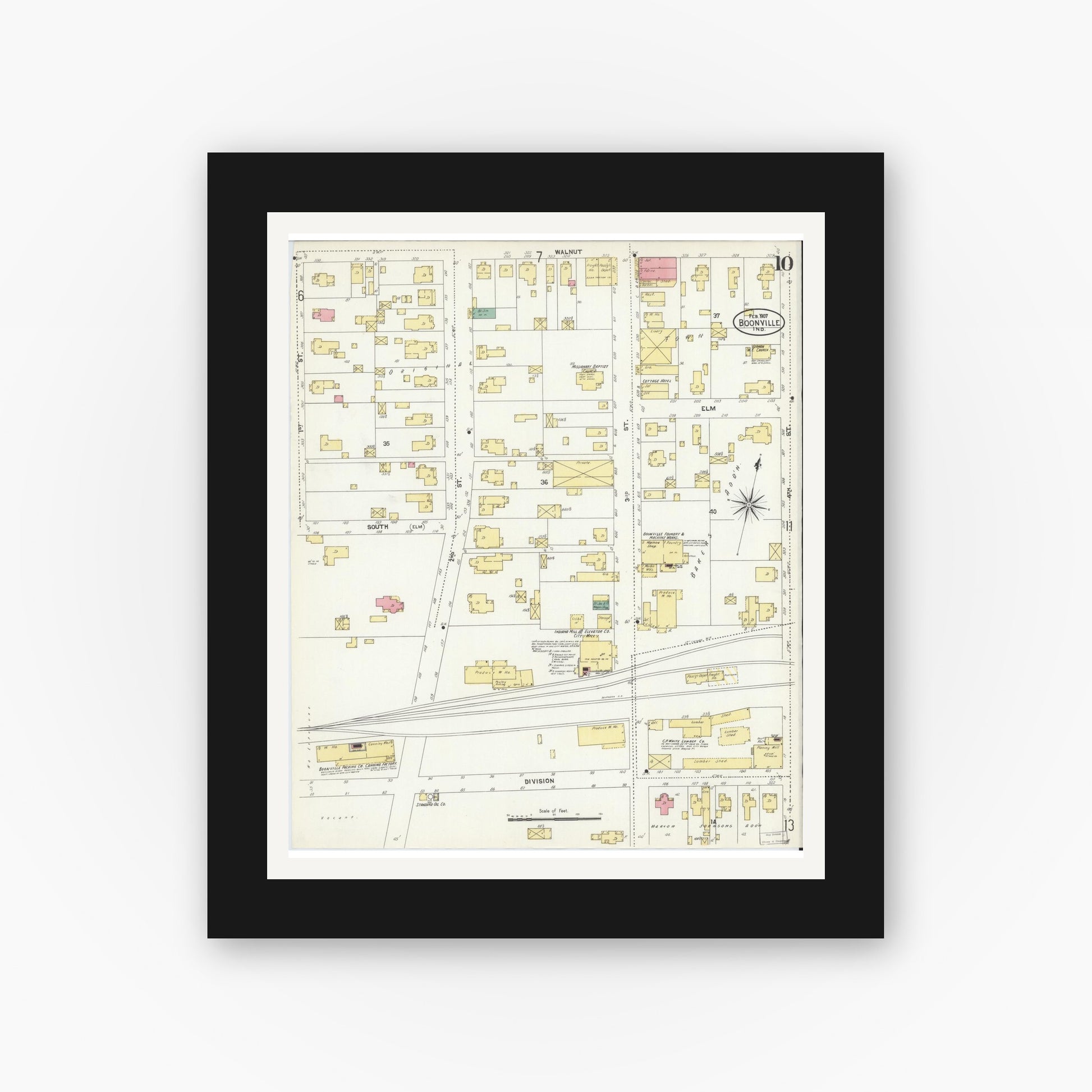 Old map wall art mockup — black gallery frame with white mat — Sanborn Fire Insurance Map from Boonville, Warrick County, Indiana (1907), Sheet #0010