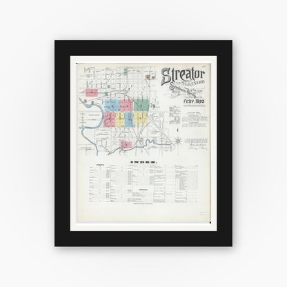Old map wall art mockup — black gallery frame with white mat — Sanborn Fire Insurance Map from Streator, La Salle County, Illinois (1892) - Complete Map Set