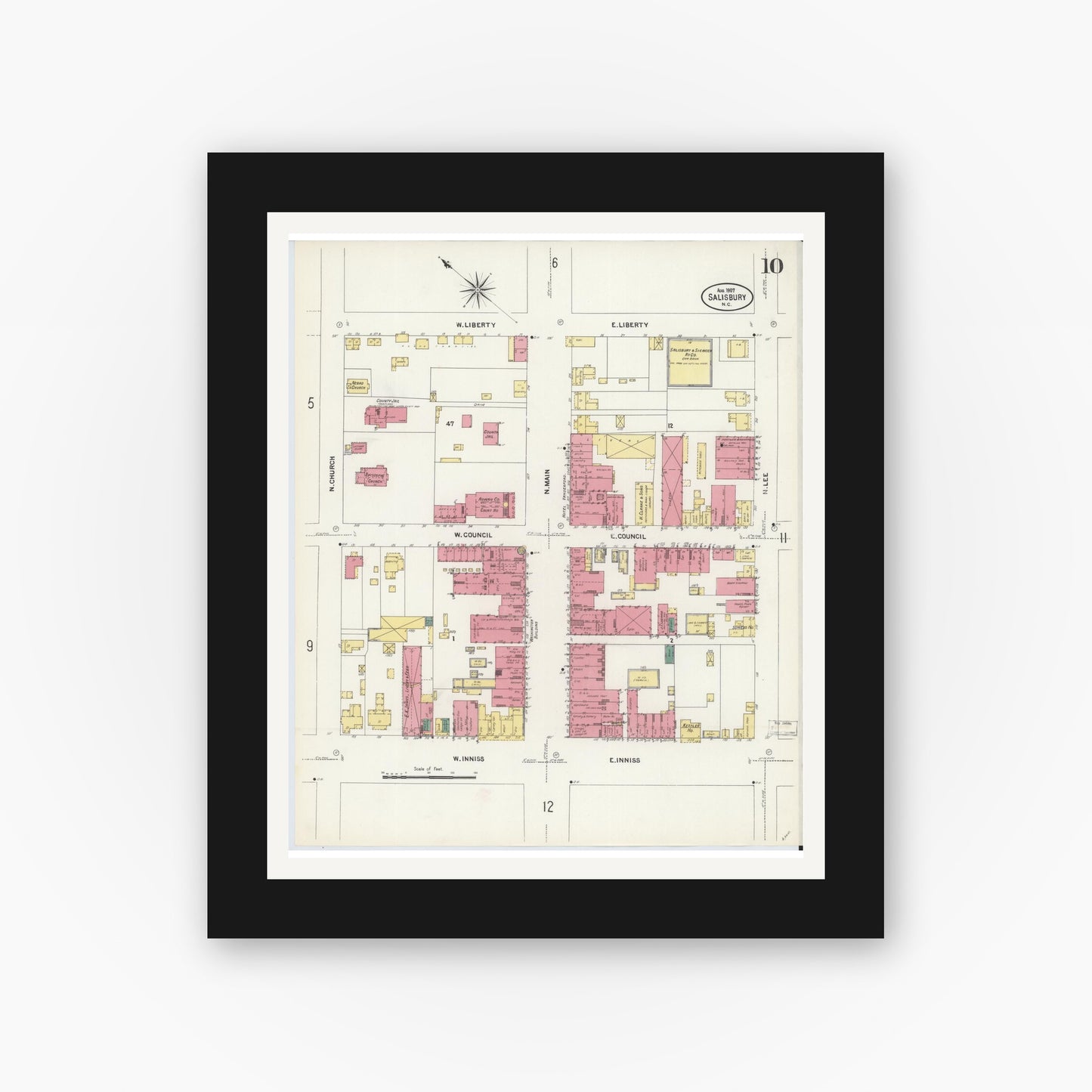 Old map wall art mockup — black gallery frame with white mat — Sanborn Fire Insurance Map from Salisbury, Rowan County, North Carolina (1907), Sheet #0010
