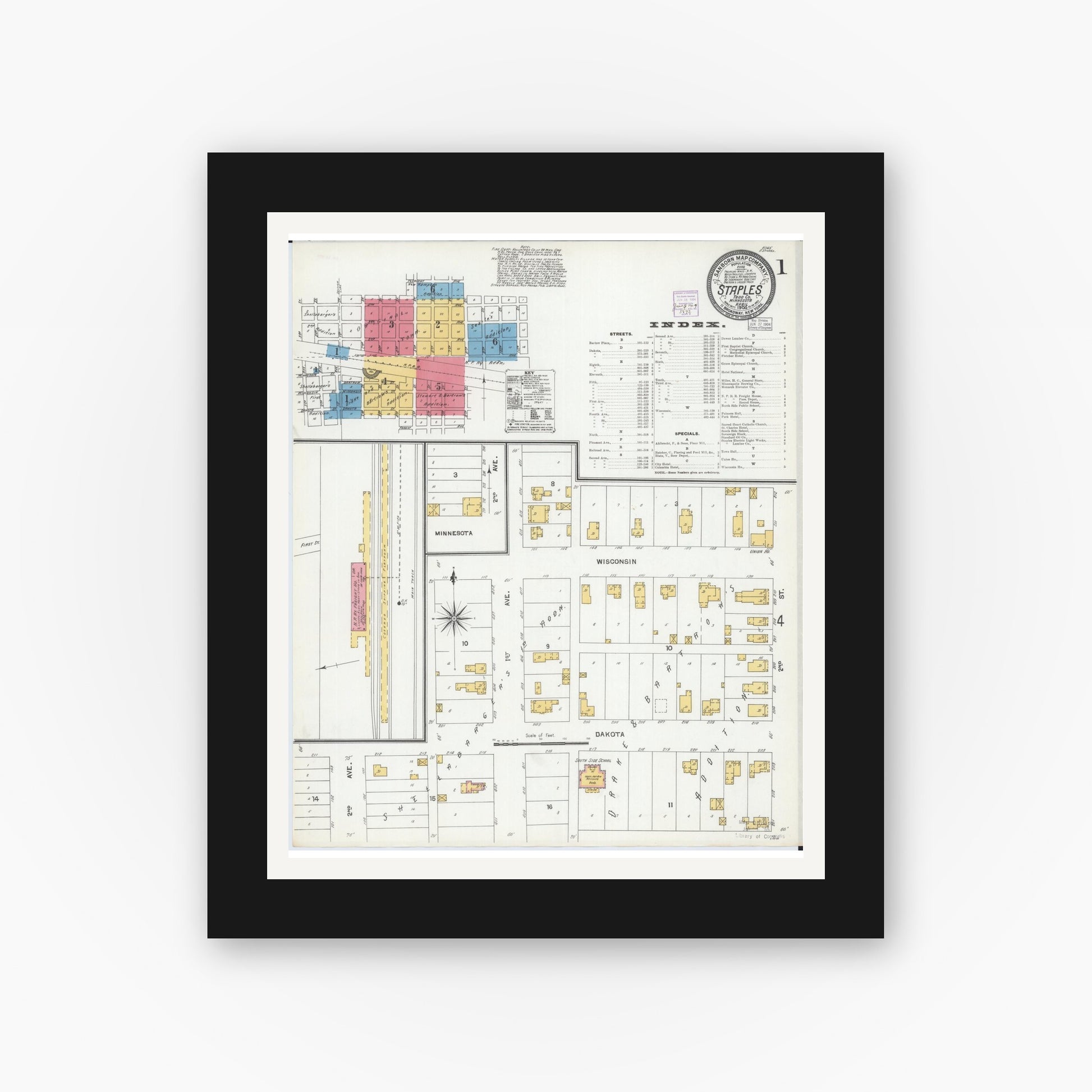 Old map wall art mockup — black gallery frame with white mat — Sanborn Fire Insurance Map from Staples, Todd County, Minnesota (1904) - Complete Map Set