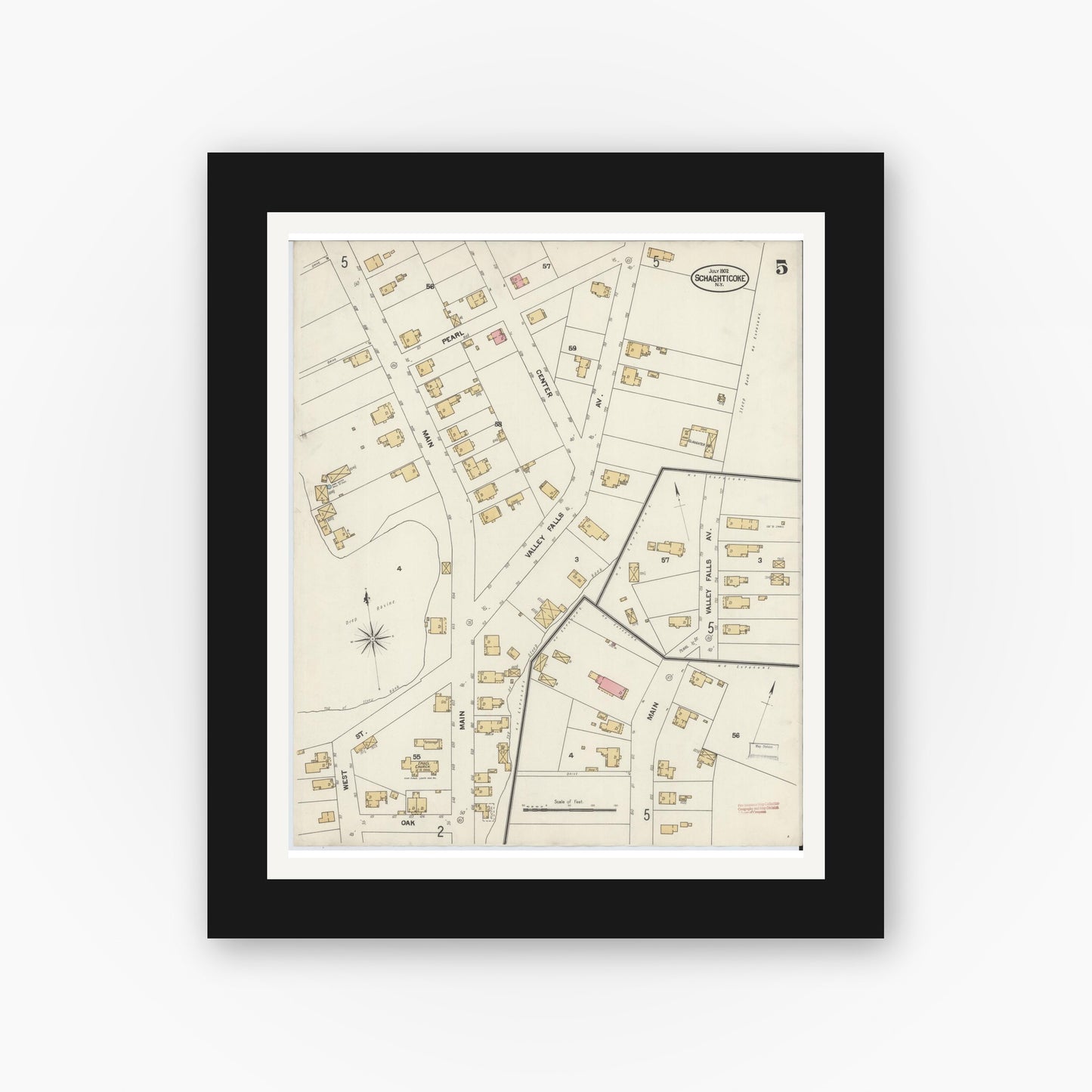 Old map wall art mockup — black gallery frame with white mat — Sanborn Fire Insurance Map from Schaghticoke, Rensselaer County, New York (1902), Sheet #0005