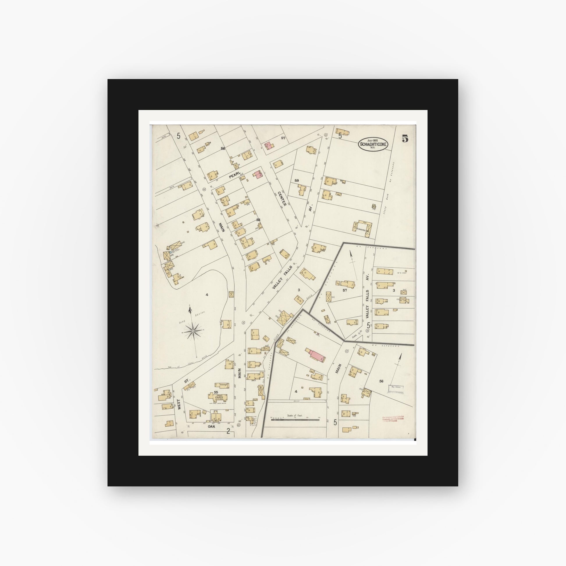 Old map wall art mockup — black gallery frame with white mat — Sanborn Fire Insurance Map from Schaghticoke, Rensselaer County, New York (1902), Sheet #0005