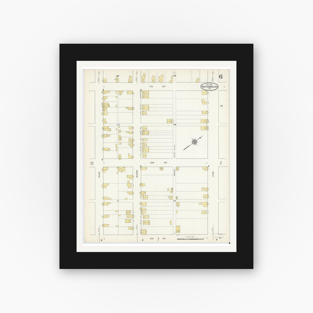 Old map wall art mockup — black gallery frame with white mat — Sanborn Fire Insurance Map from Northumberland, Northumberland County, Pennsylvania (1913), Sheet #0006