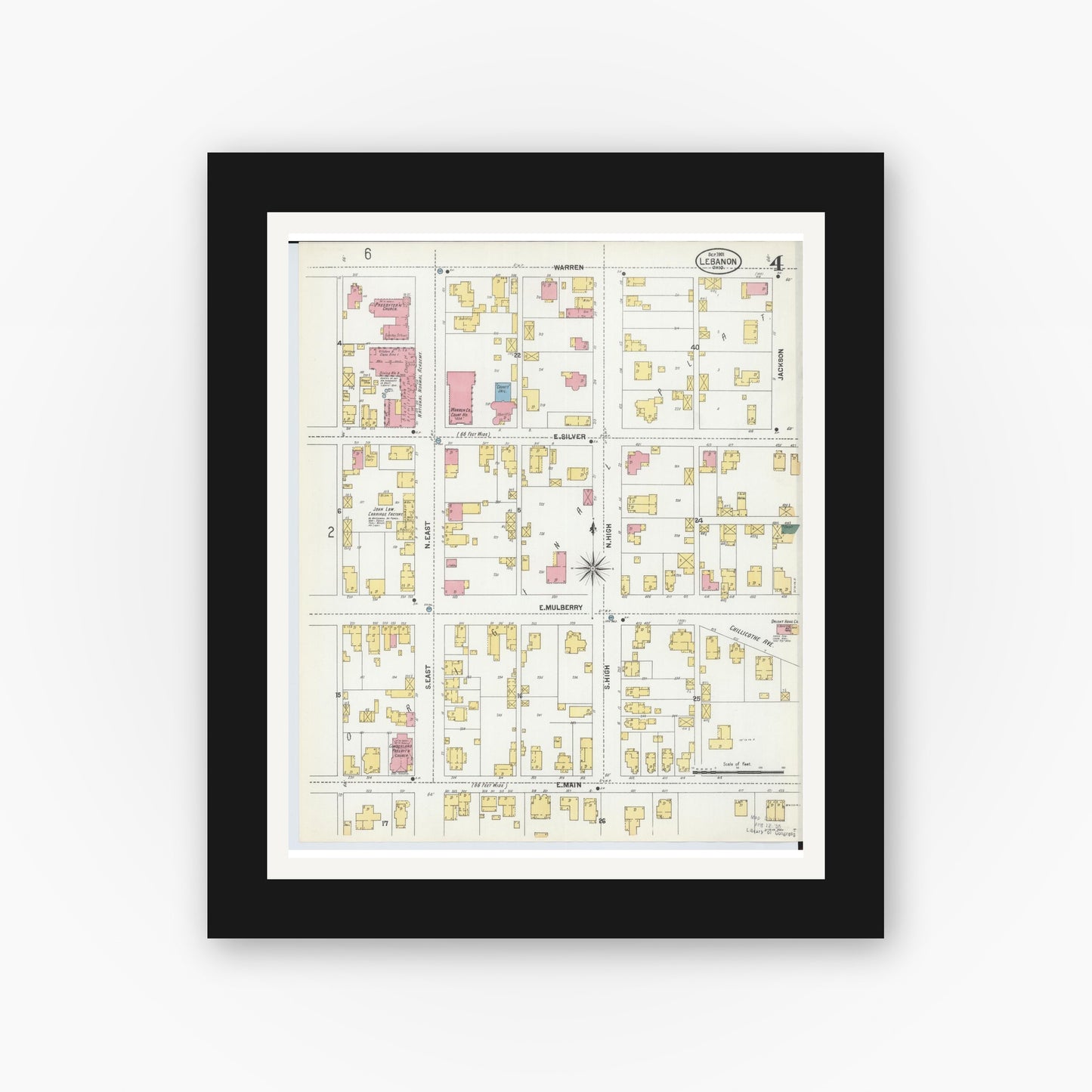 Old map wall art mockup — black gallery frame with white mat — Sanborn Fire Insurance Map from Lebanon, Warren County, Ohio (1901), Sheet #0004