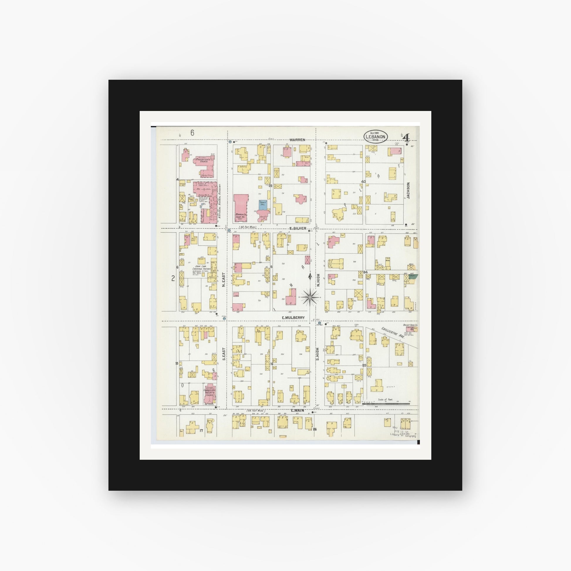 Old map wall art mockup — black gallery frame with white mat — Sanborn Fire Insurance Map from Lebanon, Warren County, Ohio (1901), Sheet #0004