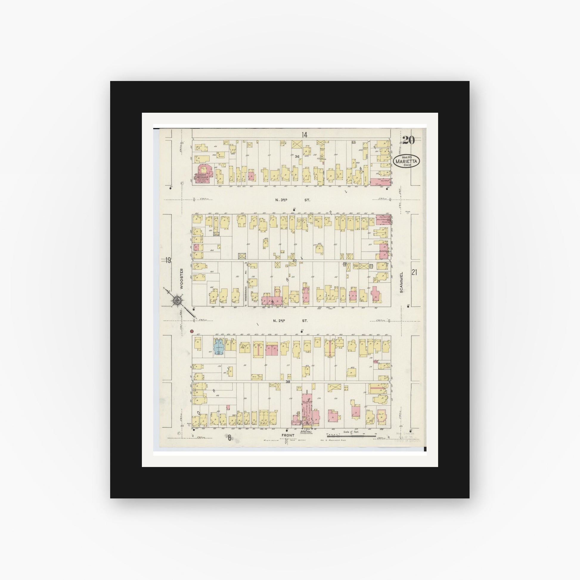 Old map wall art mockup — black gallery frame with white mat — Sanborn Fire Insurance Map from Marietta, Washington County, Ohio (1915), Sheet #0020