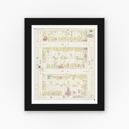 Old map wall art mockup — black gallery frame with white mat — Sanborn Fire Insurance Map from Marietta, Washington County, Ohio (1915), Sheet #0020
