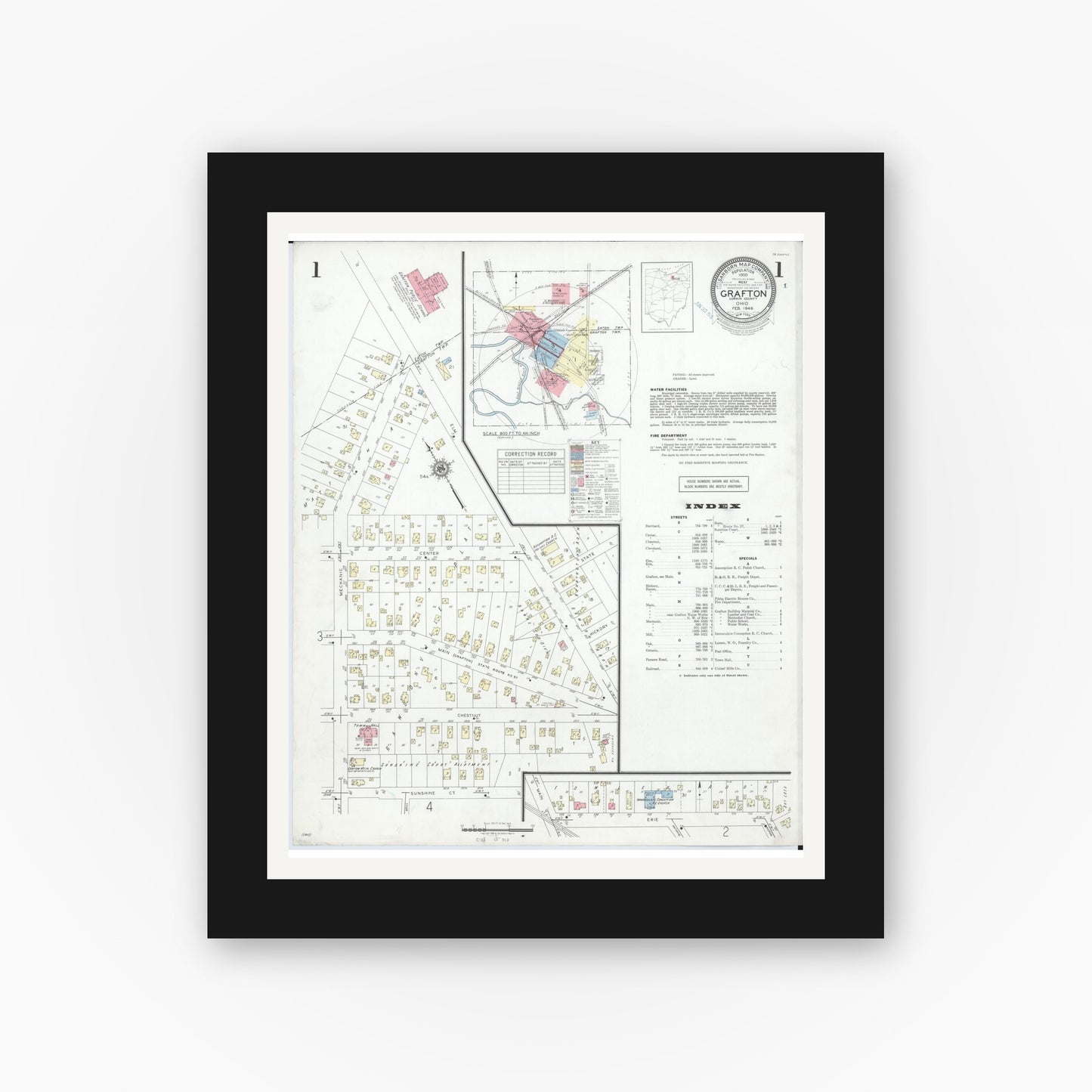Old map wall art mockup — black gallery frame with white mat — Sanborn Fire Insurance Map from Grafton, Lorain County, Ohio (1946) - Complete Map Set