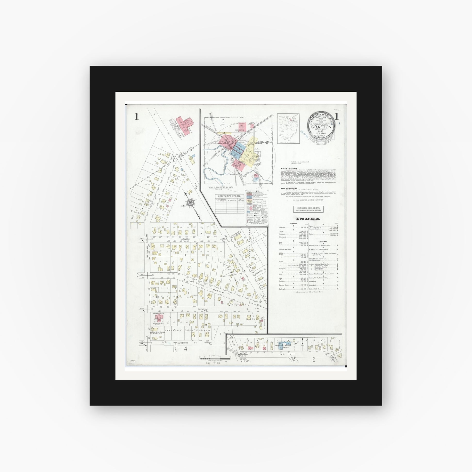 Old map wall art mockup — black gallery frame with white mat — Sanborn Fire Insurance Map from Grafton, Lorain County, Ohio (1946) - Complete Map Set