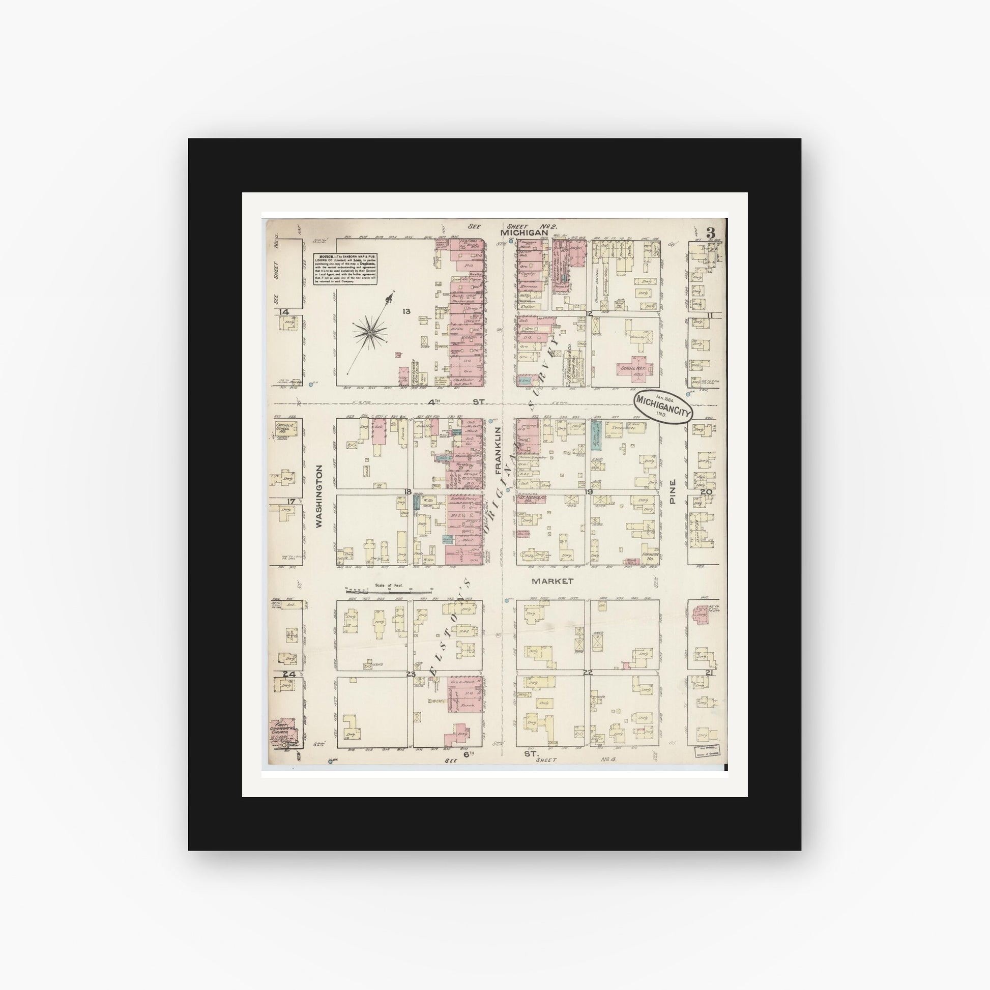 Old map wall art mockup — black gallery frame with white mat — Sanborn Fire Insurance Map from Michigan City, La Porte  County, Indiana (1884), Sheet #0003