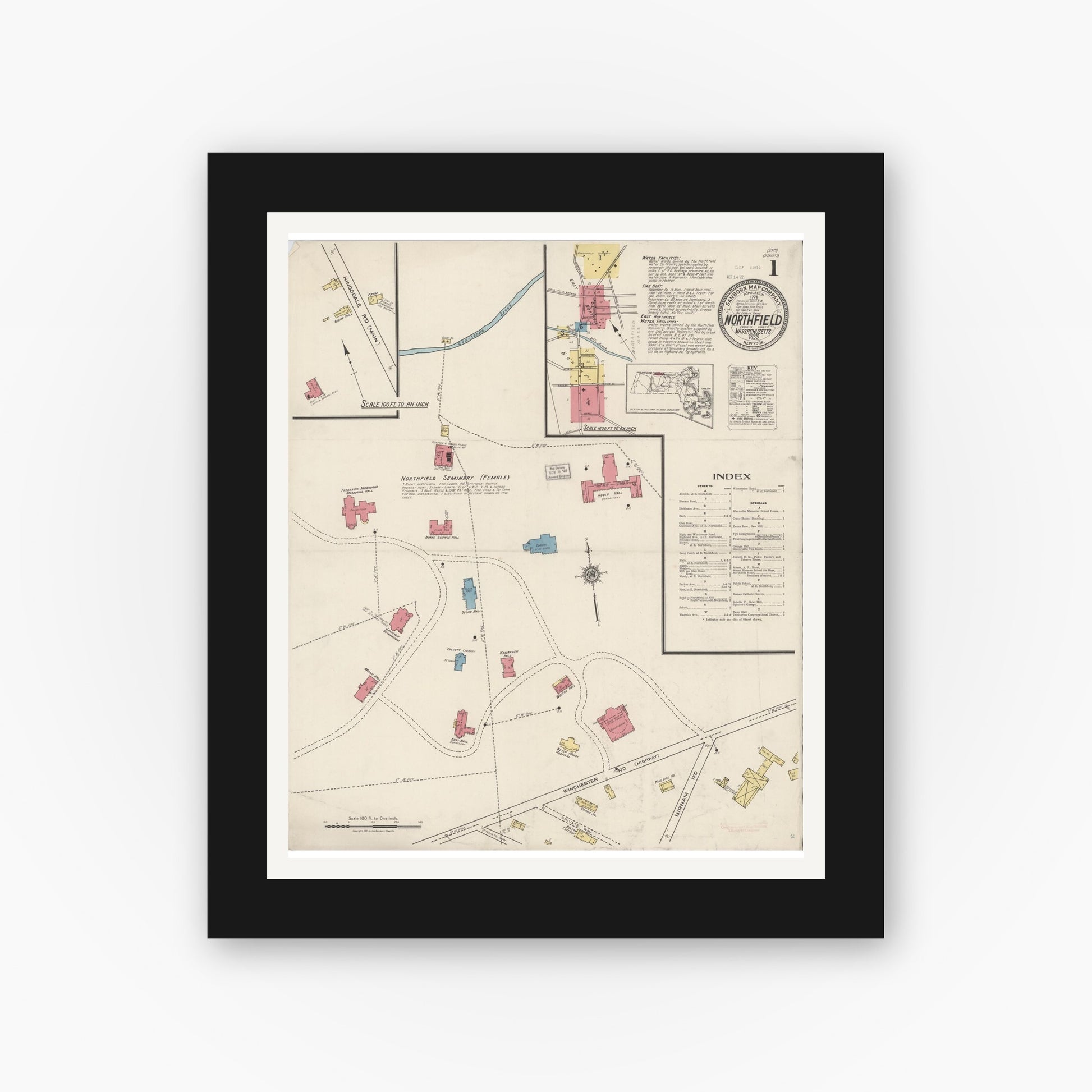 Old map wall art mockup — black gallery frame with white mat — Sanborn Fire Insurance Map from Northfield, Franklin County, Massachusetts (1922) - Complete Map Set