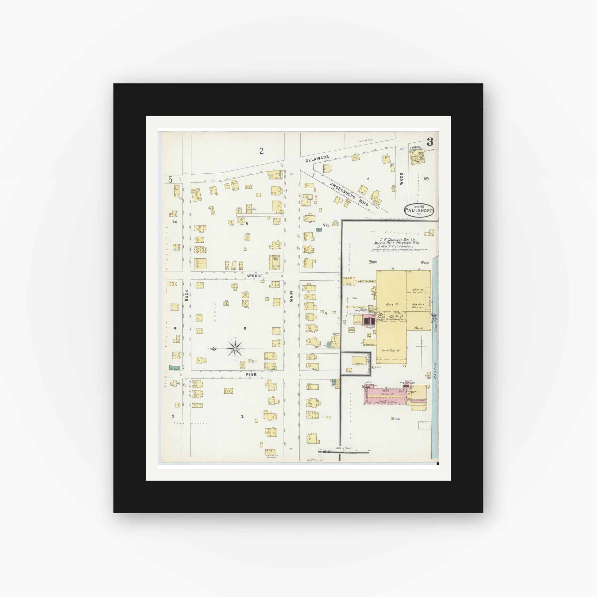 Old map wall art mockup — black gallery frame with white mat — Sanborn Fire Insurance Map from Paulsboro, Gloucester County, New Jersey (1896), Sheet #0003