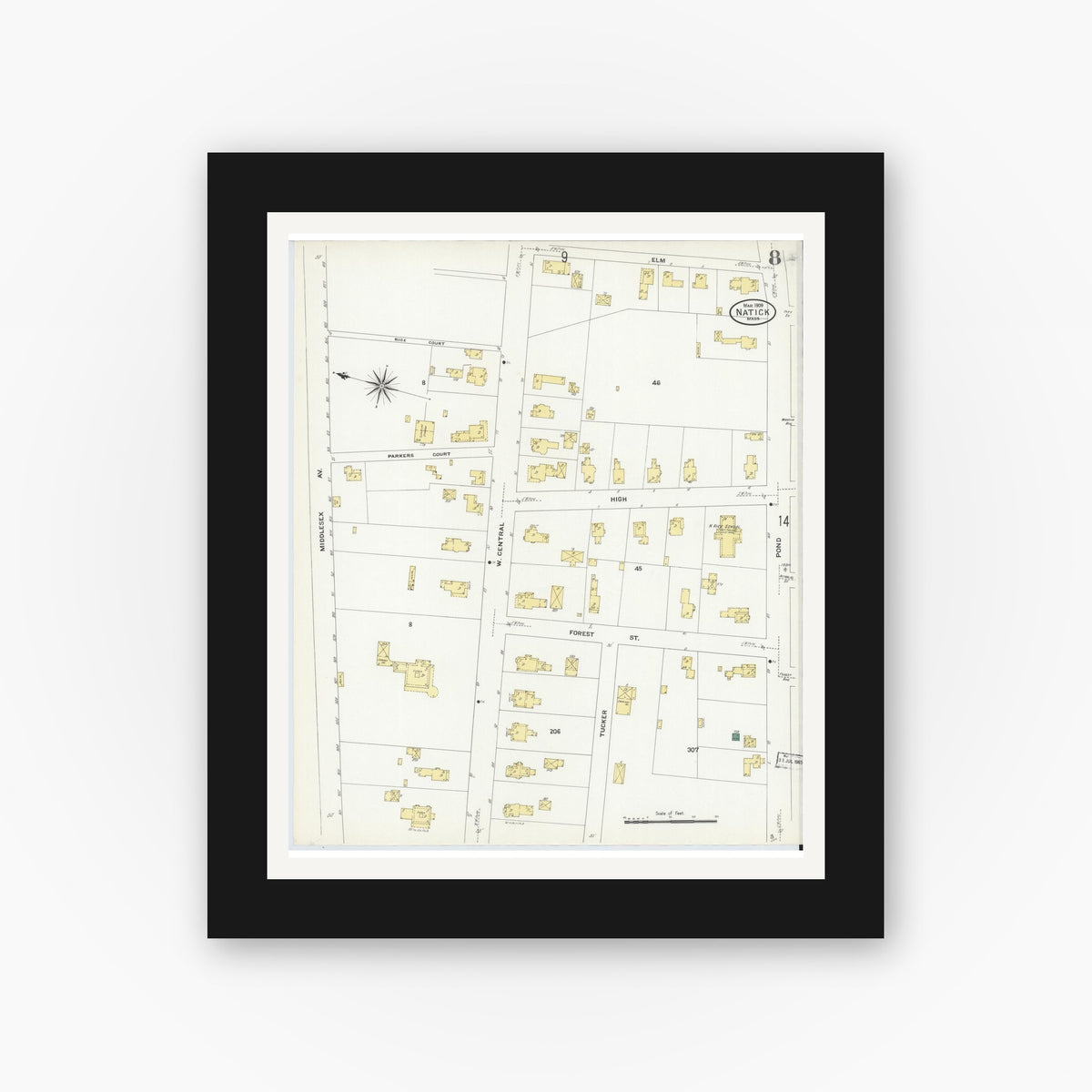 Old map wall art mockup — black gallery frame with white mat — Sanborn Fire Insurance Map from Natick, Middlesex County, Massachusetts (1909), Sheet #0008
