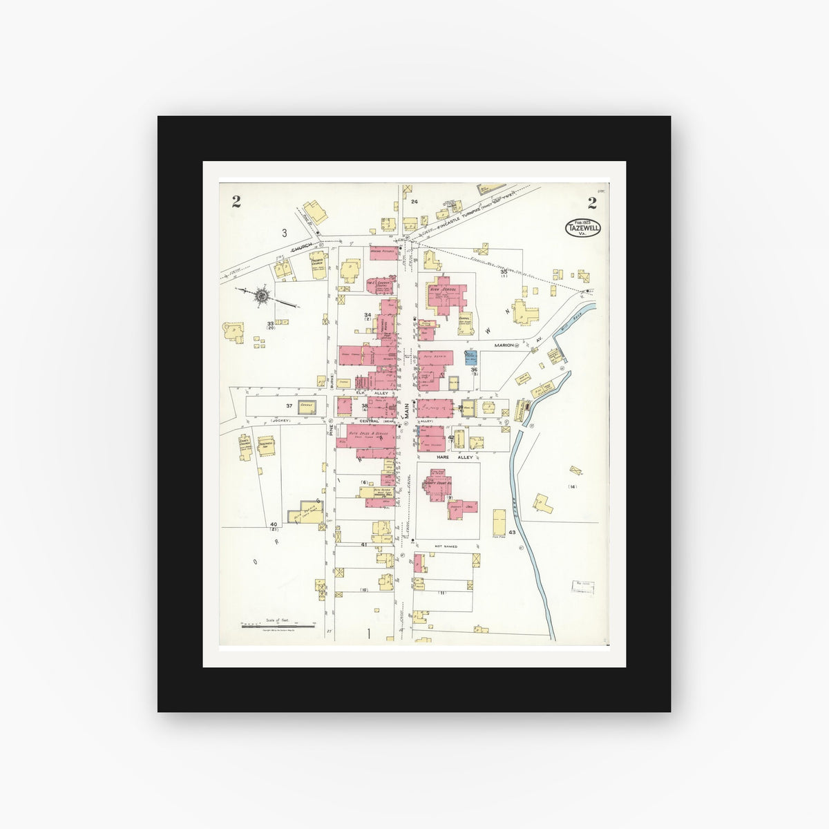 Old map wall art mockup — black gallery frame with white mat — Sanborn Fire Insurance Map from Tazewell, Tazewell County, Virginia (1923), Sheet #0002