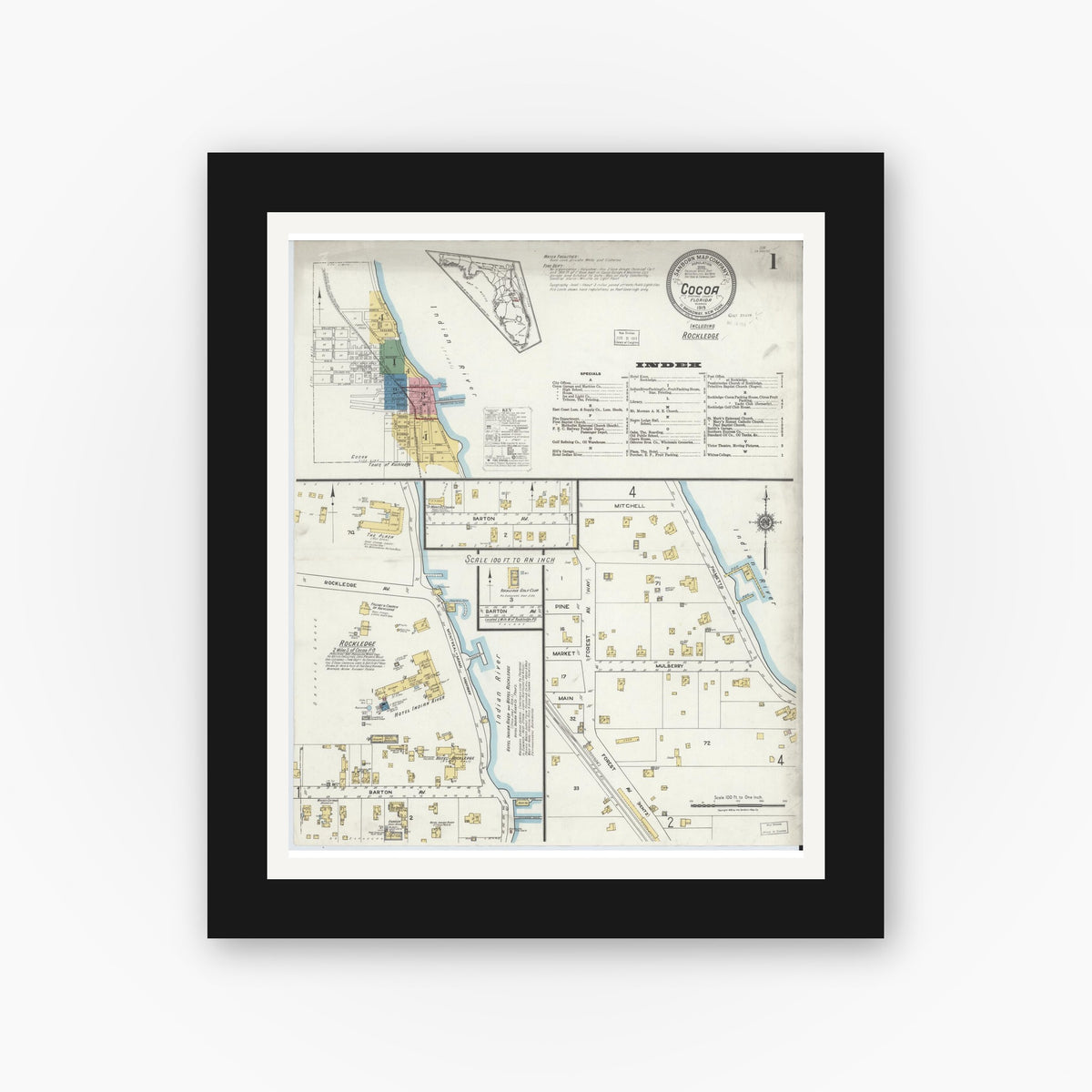 Old map wall art mockup — black gallery frame with white mat — Sanborn Fire Insurance Map from Cocoa, Brevard County, Florida (1919), Sheet #0001