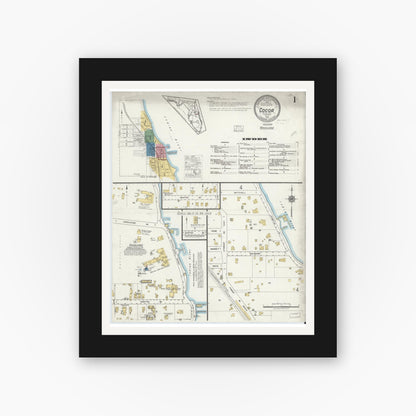 Old map wall art mockup — black gallery frame with white mat — Sanborn Fire Insurance Map from Cocoa, Brevard County, Florida (1919), Sheet #0001