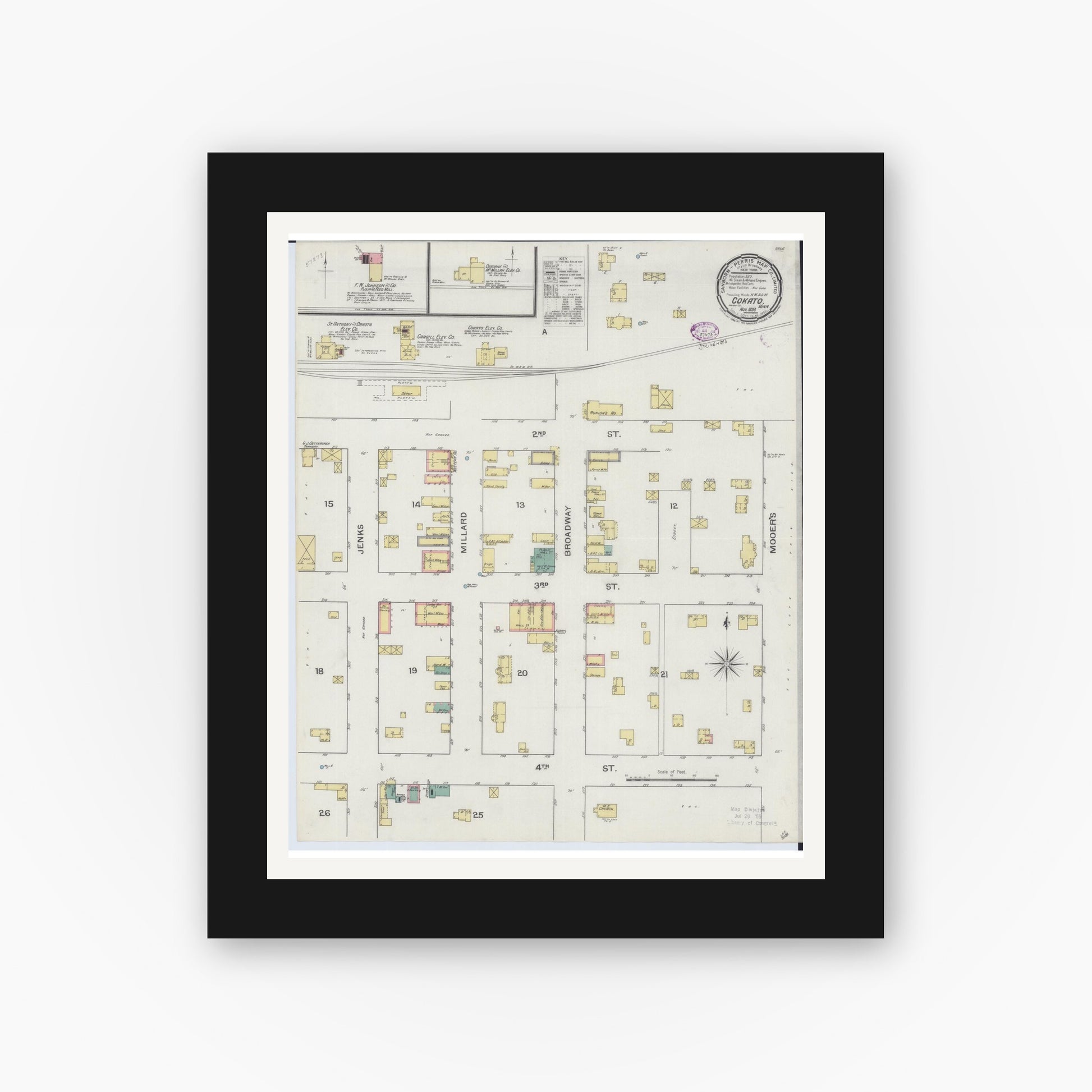 Old map wall art mockup — black gallery frame with white mat — Sanborn Fire Insurance Map from Cokato, Wright County, Minnesota (1893), Sheet #0001