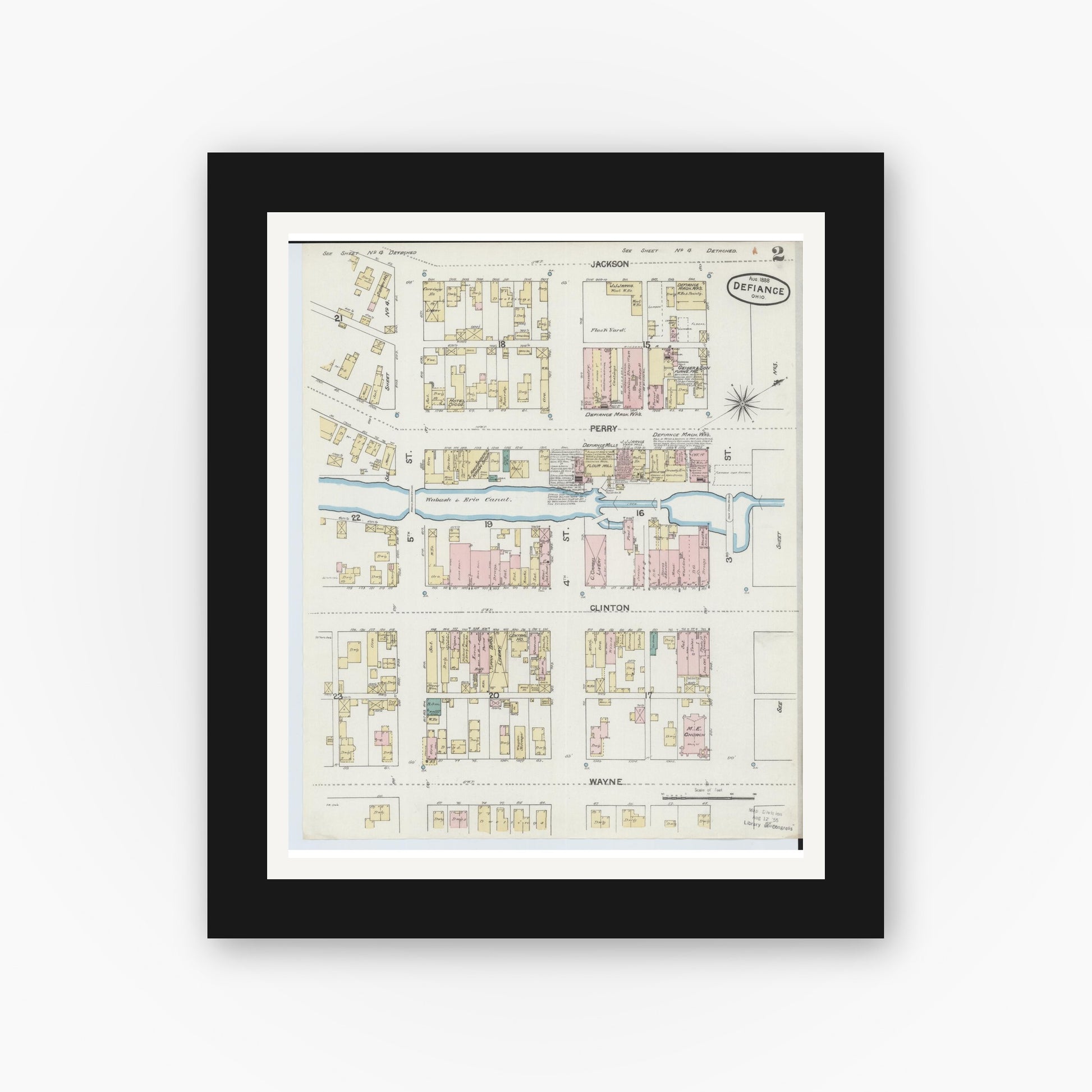 Old map wall art mockup — black gallery frame with white mat — Sanborn Fire Insurance Map from Defiance, Defiance County, Ohio (1888), Sheet #0002