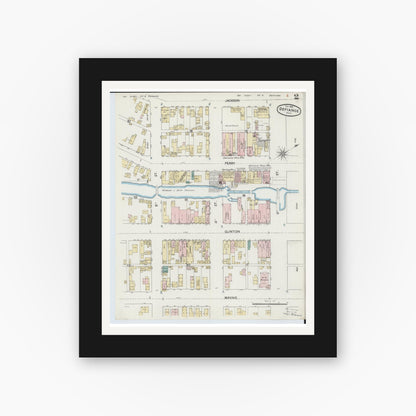 Old map wall art mockup — black gallery frame with white mat — Sanborn Fire Insurance Map from Defiance, Defiance County, Ohio (1888), Sheet #0002