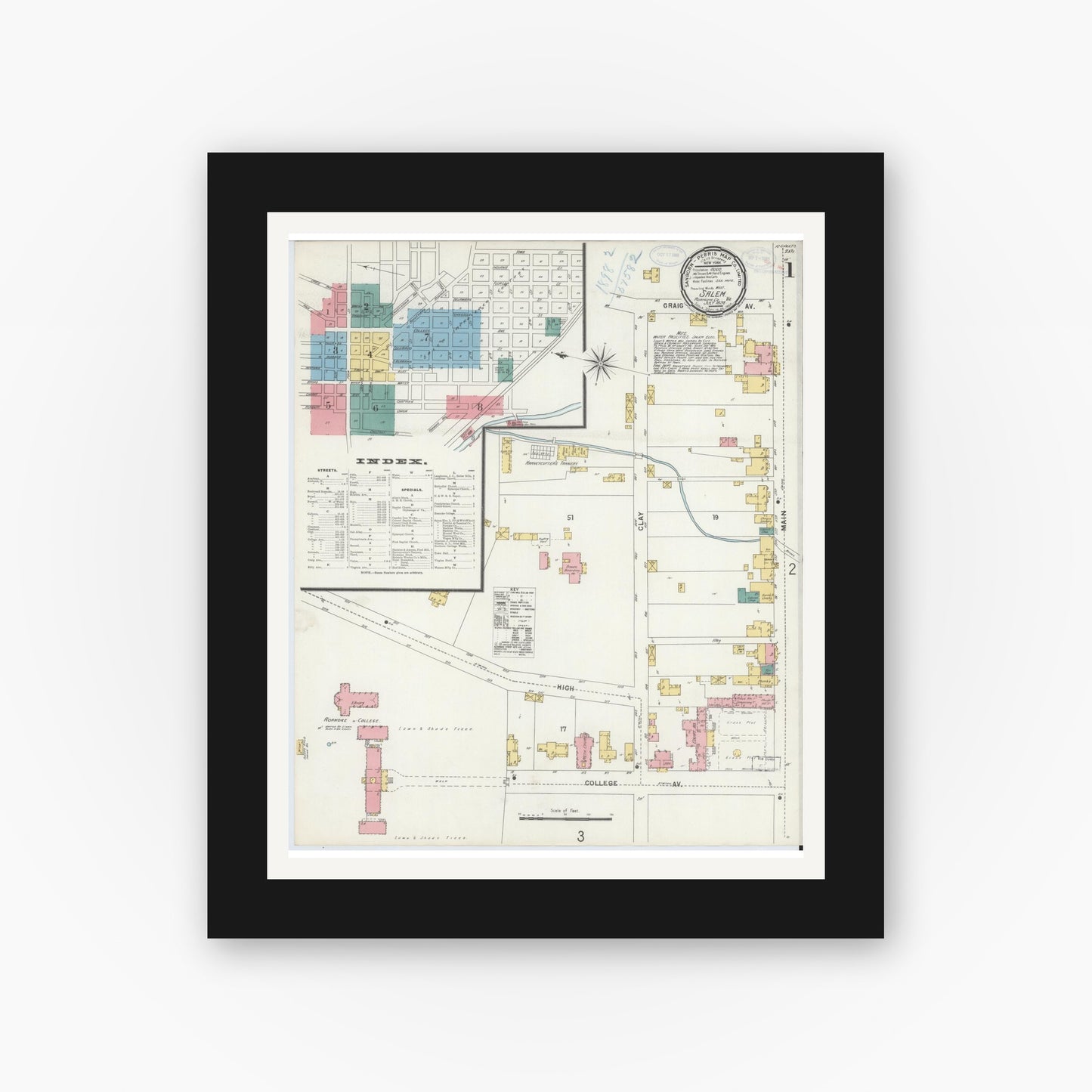 Old map wall art mockup — black gallery frame with white mat — Sanborn Fire Insurance Map from Salem, Independent Cities, Virginia (1898), Sheet #0001