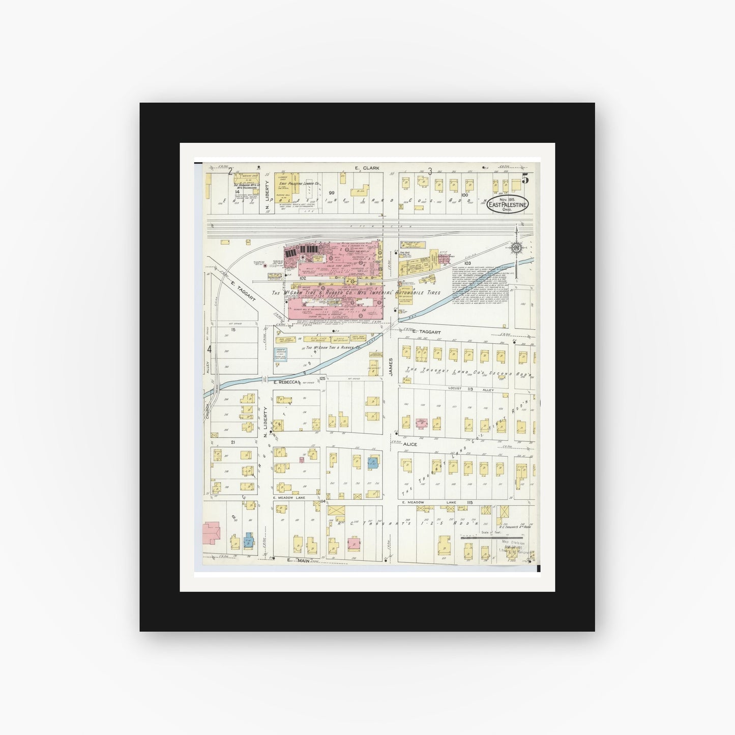 Old map wall art mockup — black gallery frame with white mat — Sanborn Fire Insurance Map from East Palestine, Columbiana County, Ohio (1915), Sheet #0005