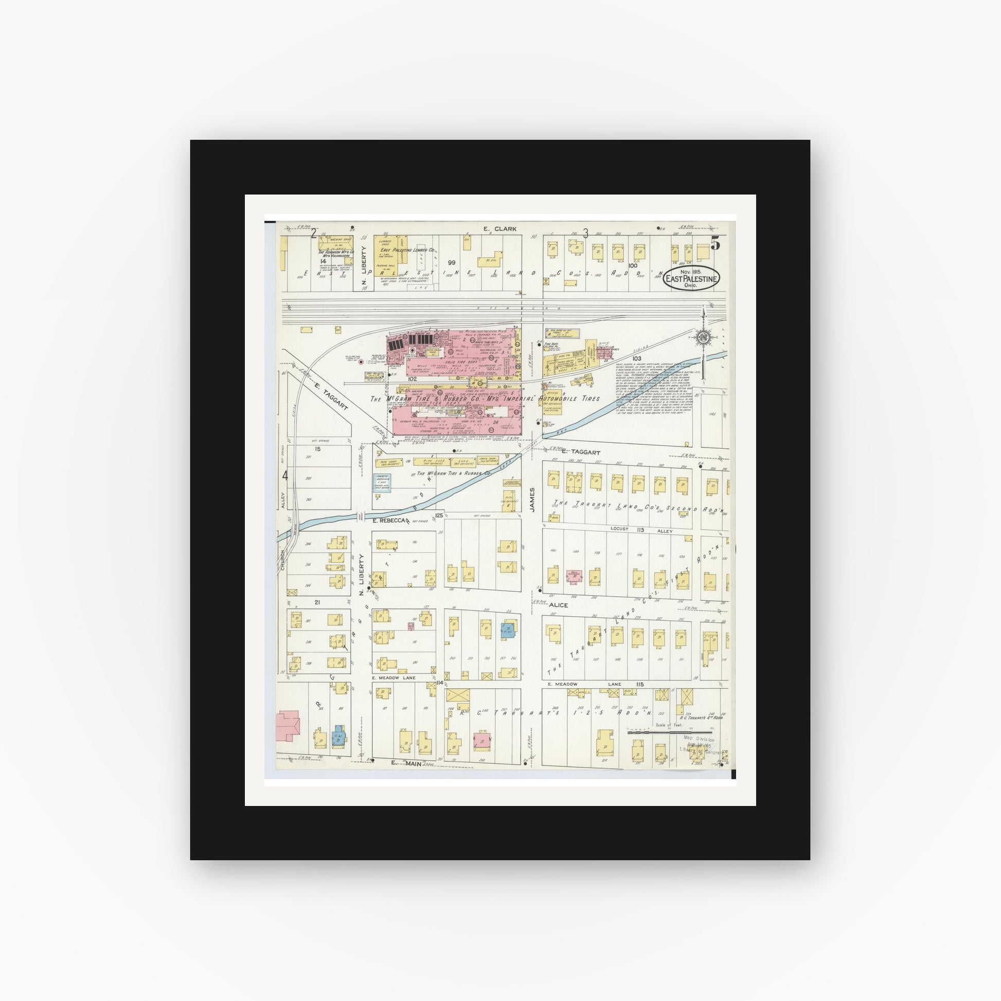 Old map wall art mockup — black gallery frame with white mat — Sanborn Fire Insurance Map from East Palestine, Columbiana County, Ohio (1915), Sheet #0005