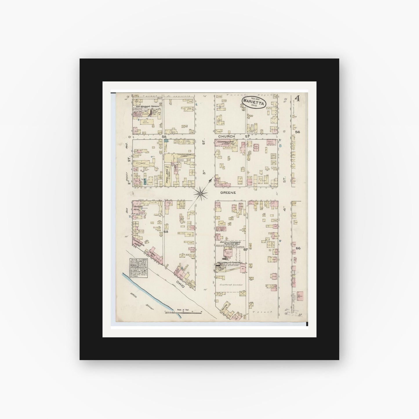 Old map wall art mockup — black gallery frame with white mat — Sanborn Fire Insurance Map from Marietta, Washington County, Ohio (1884), Sheet #0004