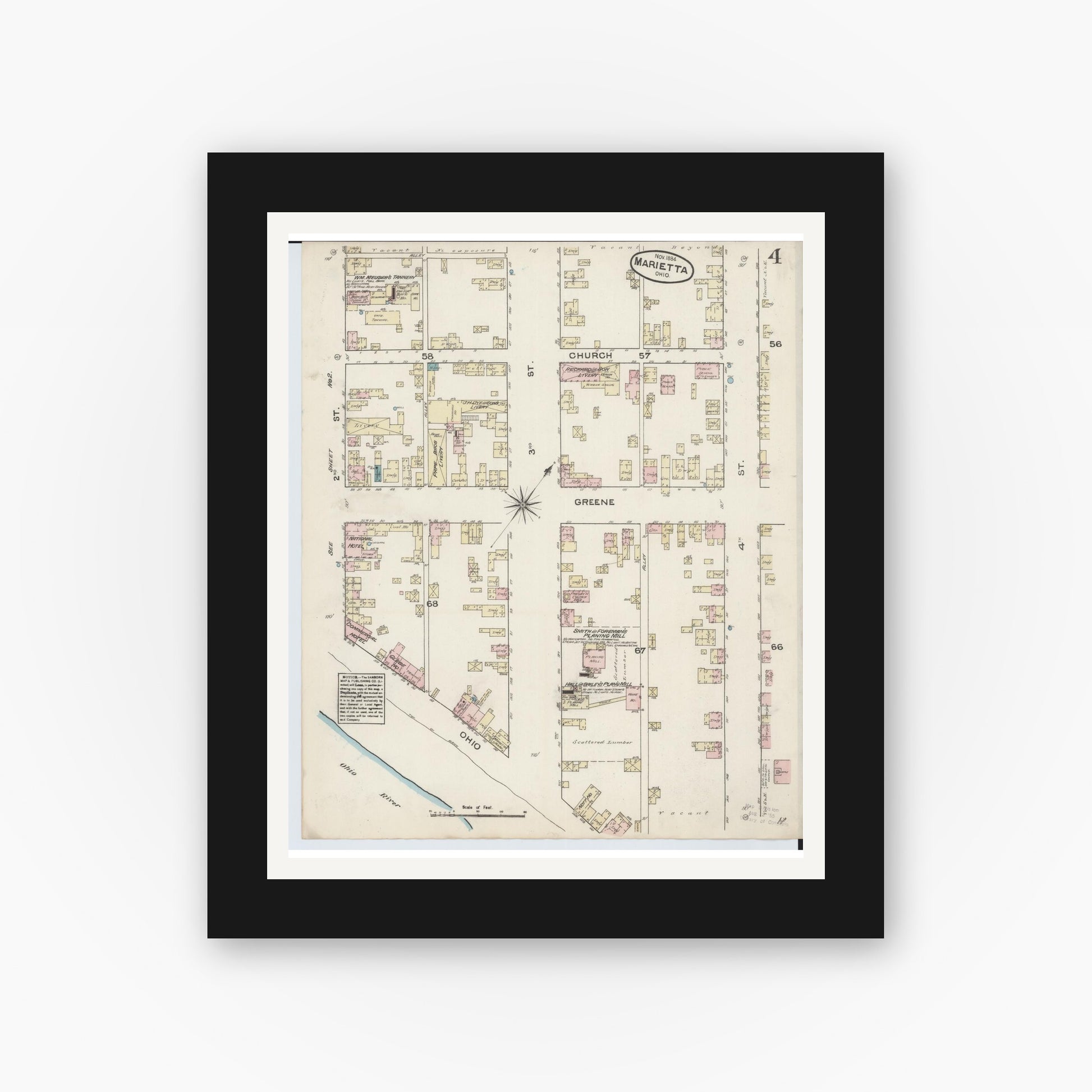 Old map wall art mockup — black gallery frame with white mat — Sanborn Fire Insurance Map from Marietta, Washington County, Ohio (1884), Sheet #0004