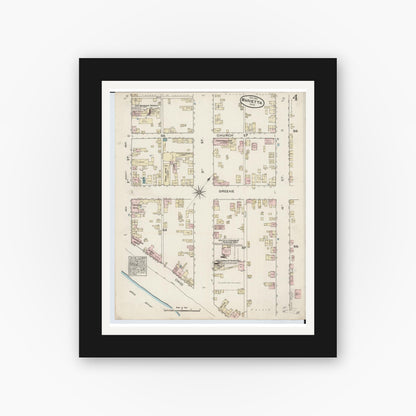 Old map wall art mockup — black gallery frame with white mat — Sanborn Fire Insurance Map from Marietta, Washington County, Ohio (1884), Sheet #0004