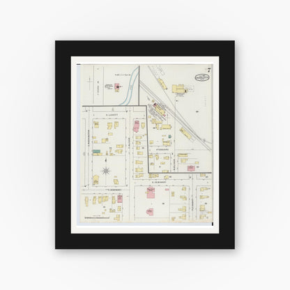 Old map wall art mockup — black gallery frame with white mat — Sanborn Fire Insurance Map from Charlotte, Eaton County, Michigan (1895), Sheet #0007