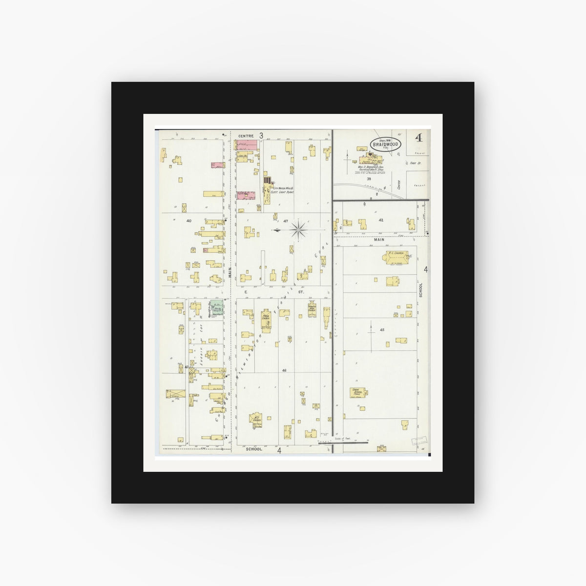 Old map wall art mockup — black gallery frame with white mat — Sanborn Fire Insurance Map from Braidwood, Will County, Illinois (1898), Sheet #0004