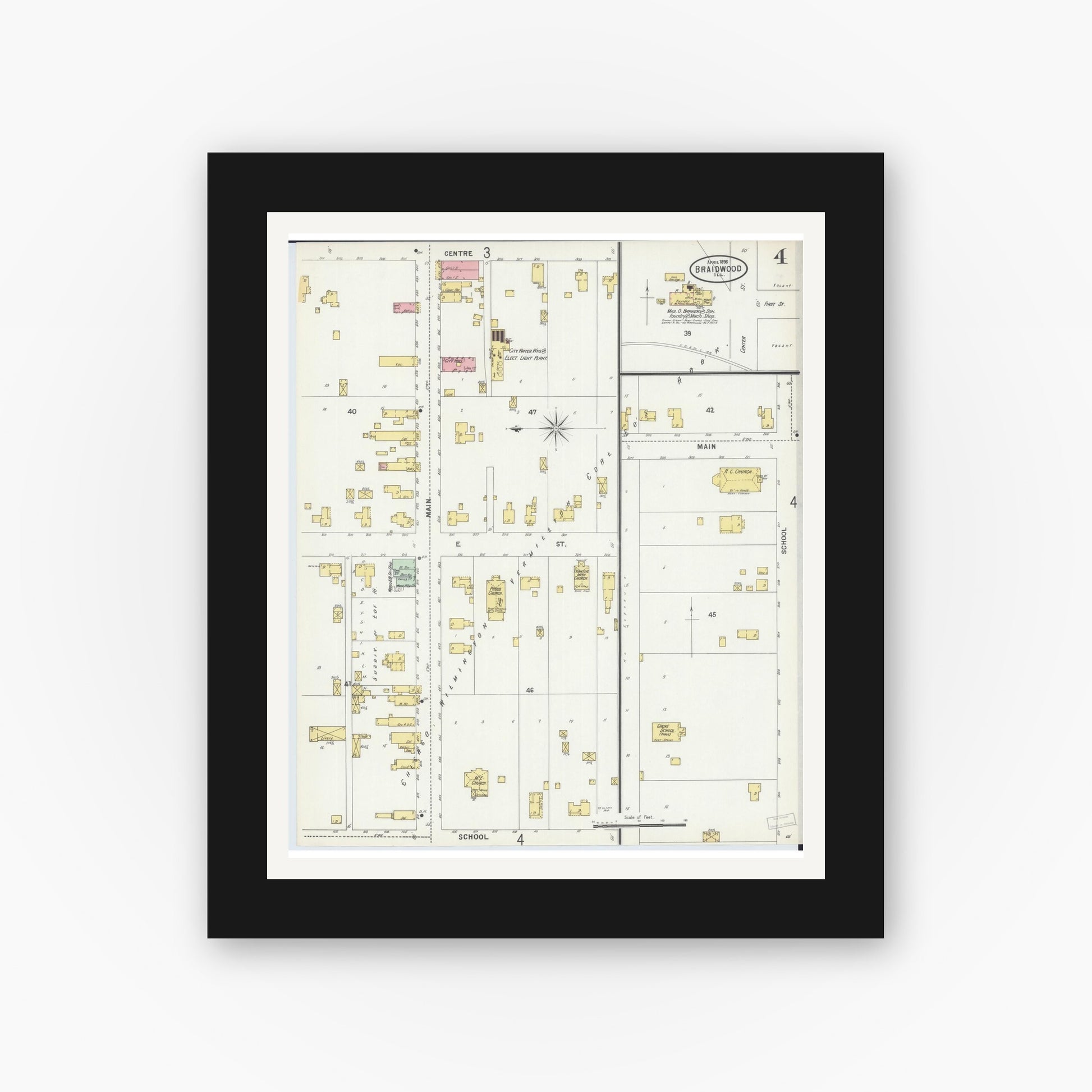 Old map wall art mockup — black gallery frame with white mat — Sanborn Fire Insurance Map from Braidwood, Will County, Illinois (1898), Sheet #0004