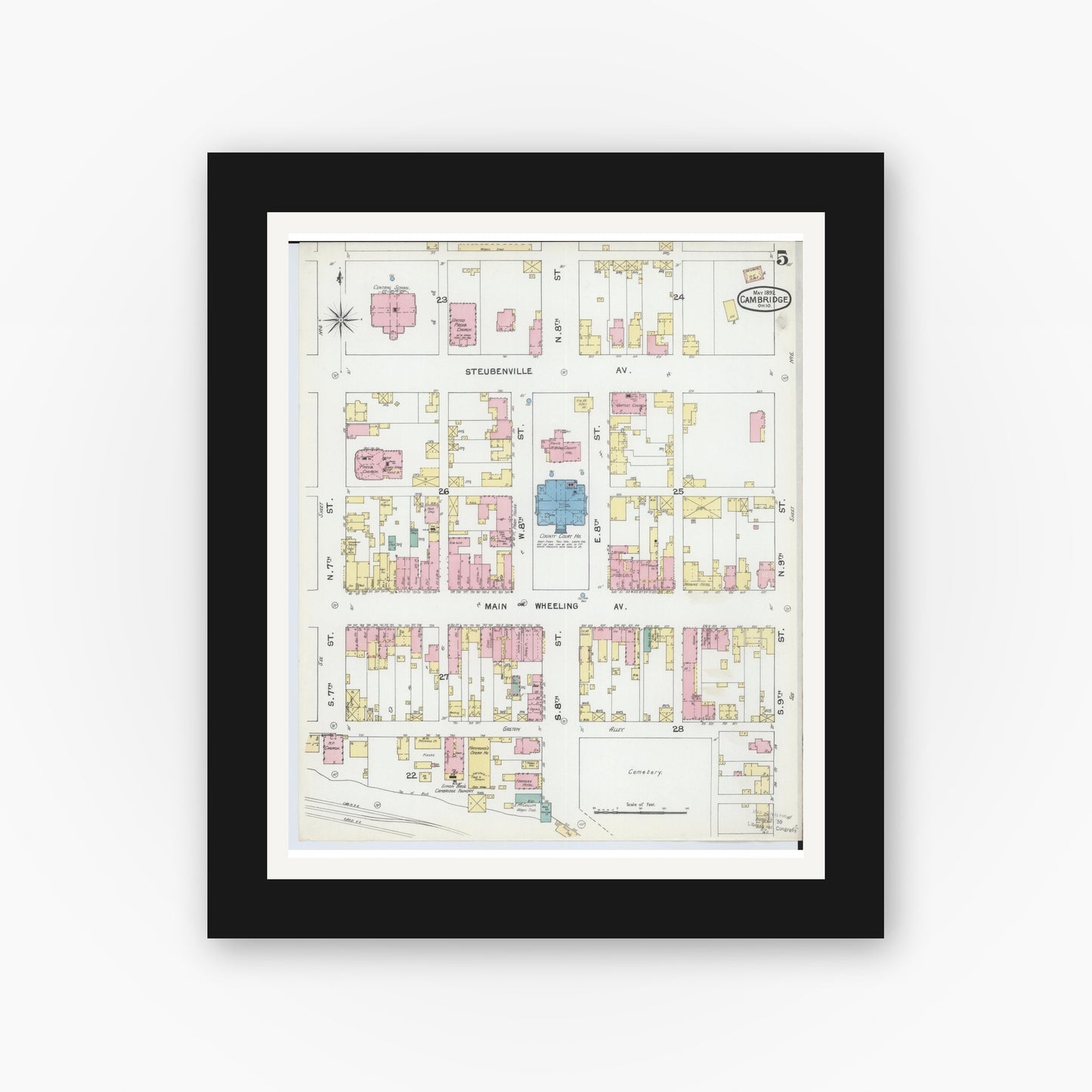 Old map wall art mockup — black gallery frame with white mat — Sanborn Fire Insurance Map from Cambridge, Guernsey County, Ohio (1892), Sheet #0005