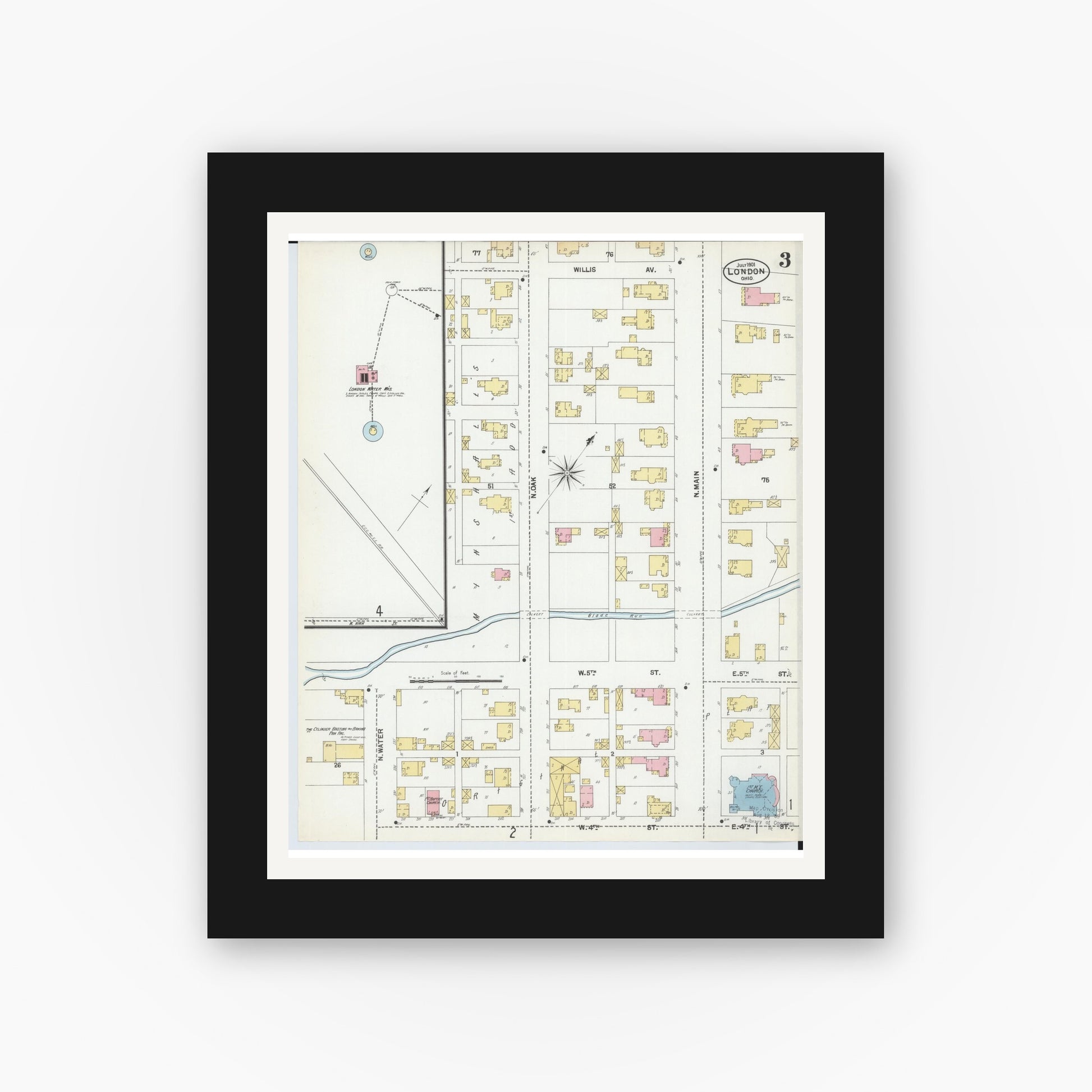 Old map wall art mockup — black gallery frame with white mat — Sanborn Fire Insurance Map from London, Madison County, Ohio (1901), Sheet #0003