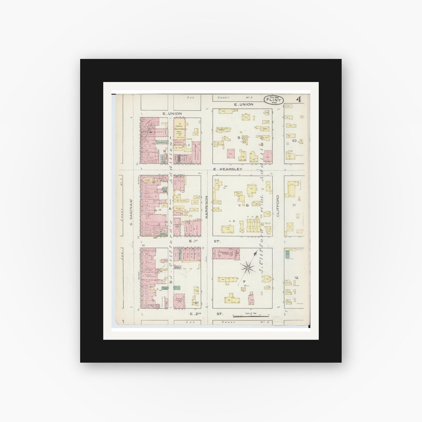 Old map wall art mockup — black gallery frame with white mat — Sanborn Fire Insurance Map from Flint, Genesee County, Michigan (1886), Sheet #0004