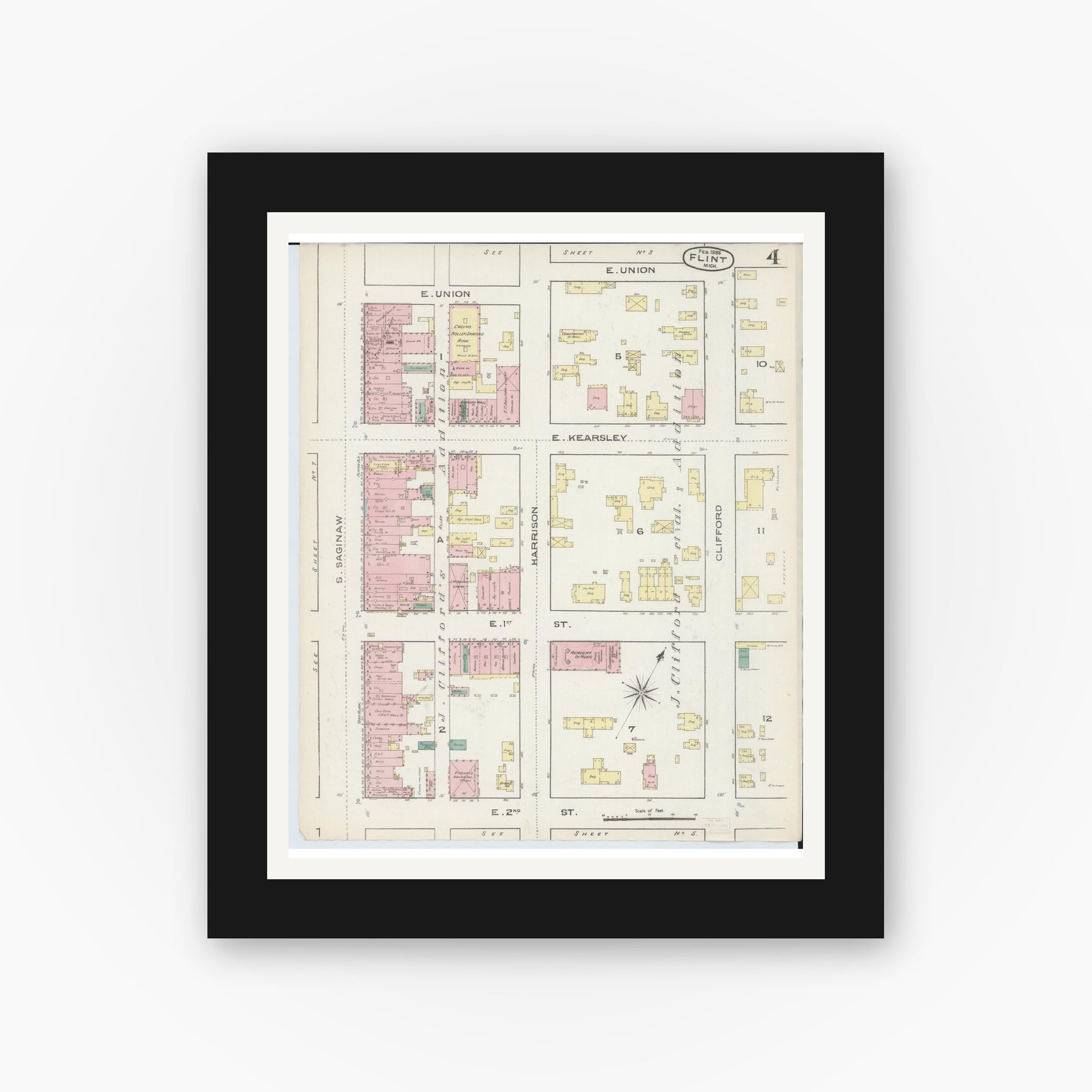 Old map wall art mockup — black gallery frame with white mat — Sanborn Fire Insurance Map from Flint, Genesee County, Michigan (1886), Sheet #0004