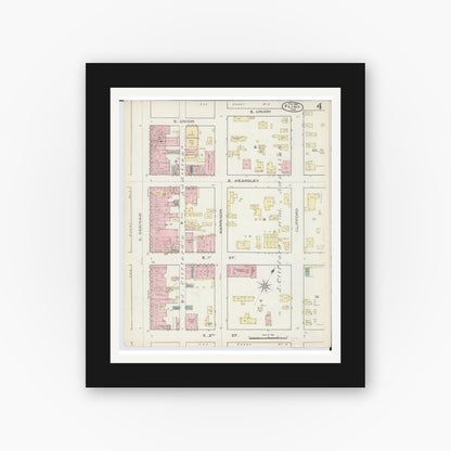 Old map wall art mockup — black gallery frame with white mat — Sanborn Fire Insurance Map from Flint, Genesee County, Michigan (1886), Sheet #0004