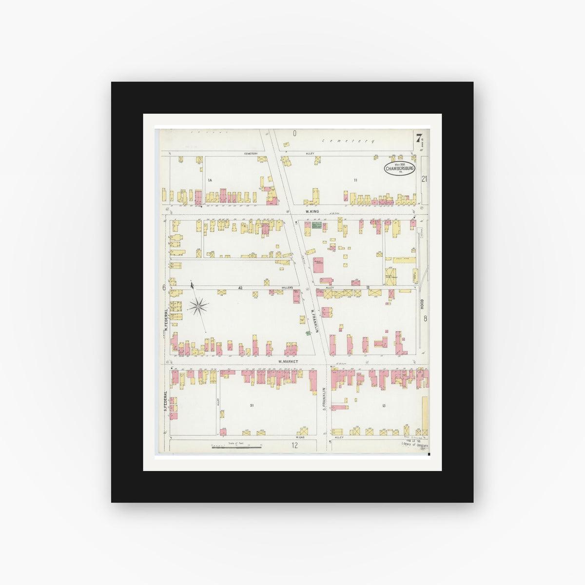 Old map wall art mockup — black gallery frame with white mat — Sanborn Fire Insurance Map from Chambersburg, Franklin County, Pennsylvania (1899), Sheet #0007