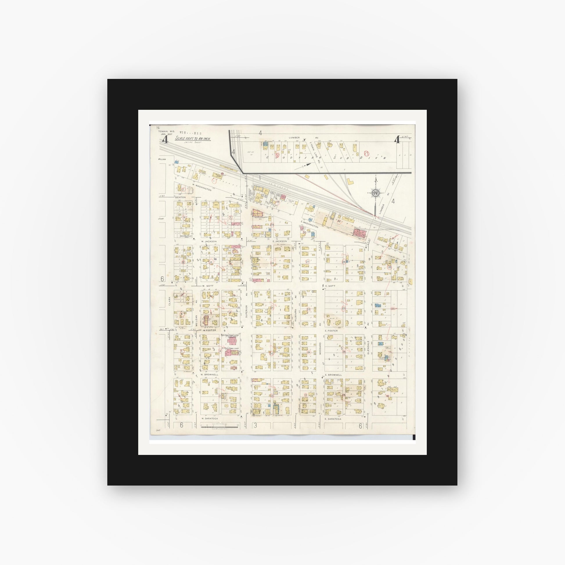 Old map wall art mockup — black gallery frame with white mat — Sanborn Fire Insurance Map from Tomah, Monroe County, Wisconsin (1944), Sheet #0004
