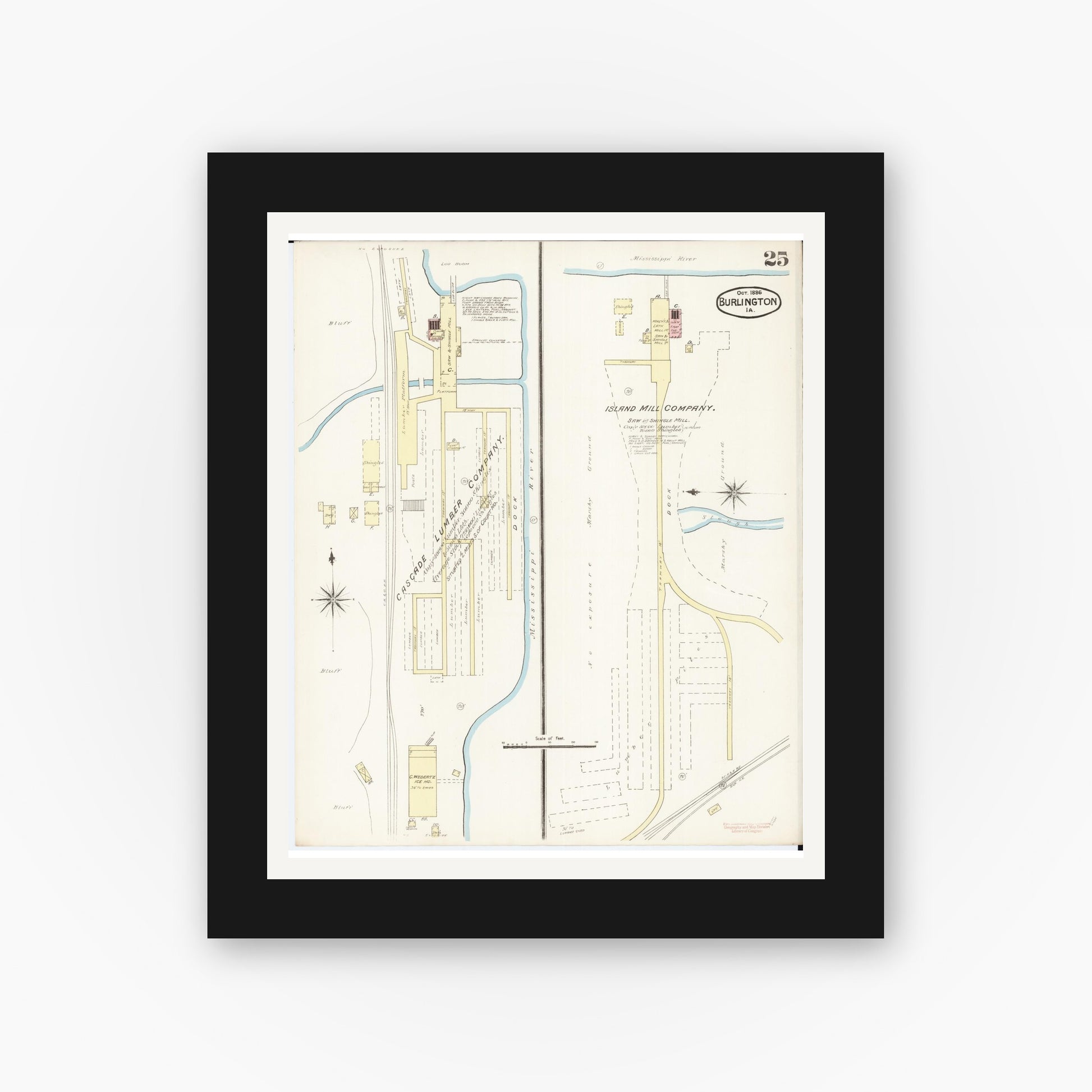 Old map wall art mockup — black gallery frame with white mat — Sanborn Fire Insurance Map from Burlington, Des Moines County, Iowa (1888), Sheet #0025