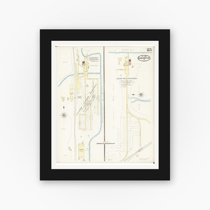 Old map wall art mockup — black gallery frame with white mat — Sanborn Fire Insurance Map from Burlington, Des Moines County, Iowa (1888), Sheet #0025