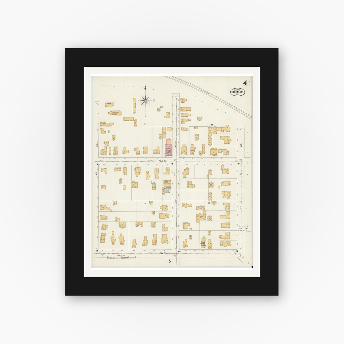 Old map wall art mockup — black gallery frame with white mat — Sanborn Fire Insurance Map from Union City, Erie County, Pennsylvania (1900), Sheet #0004